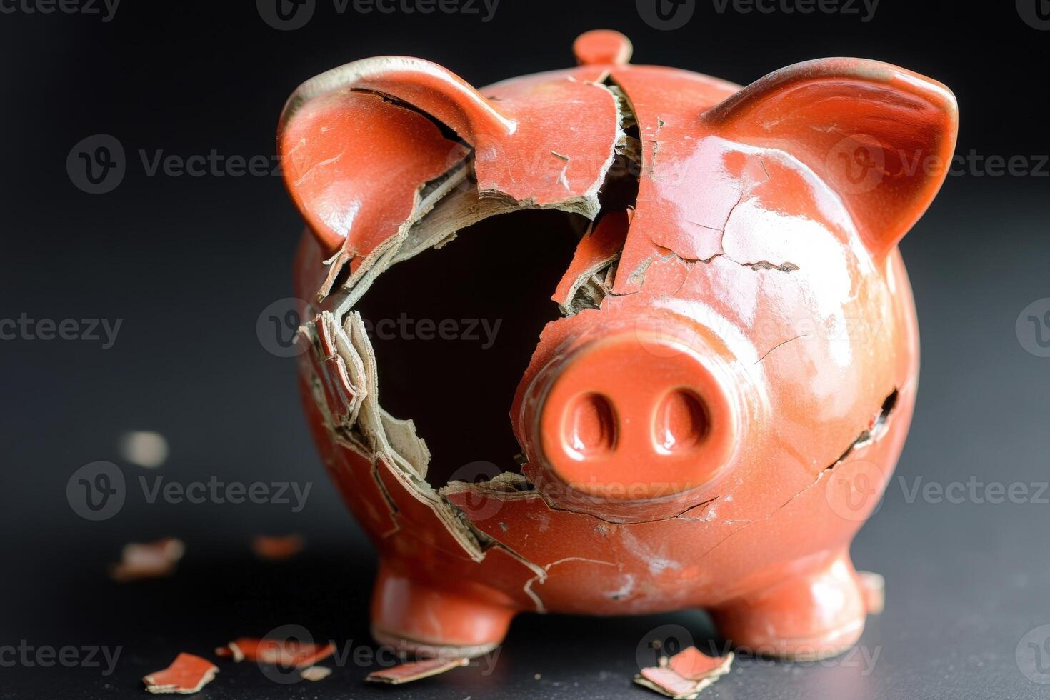 The broken piggy bank lies on a solid black surface, revealing its hollow interior. Shattered pieces surround it, hinting at a loss of savings and missed opportunities. photo