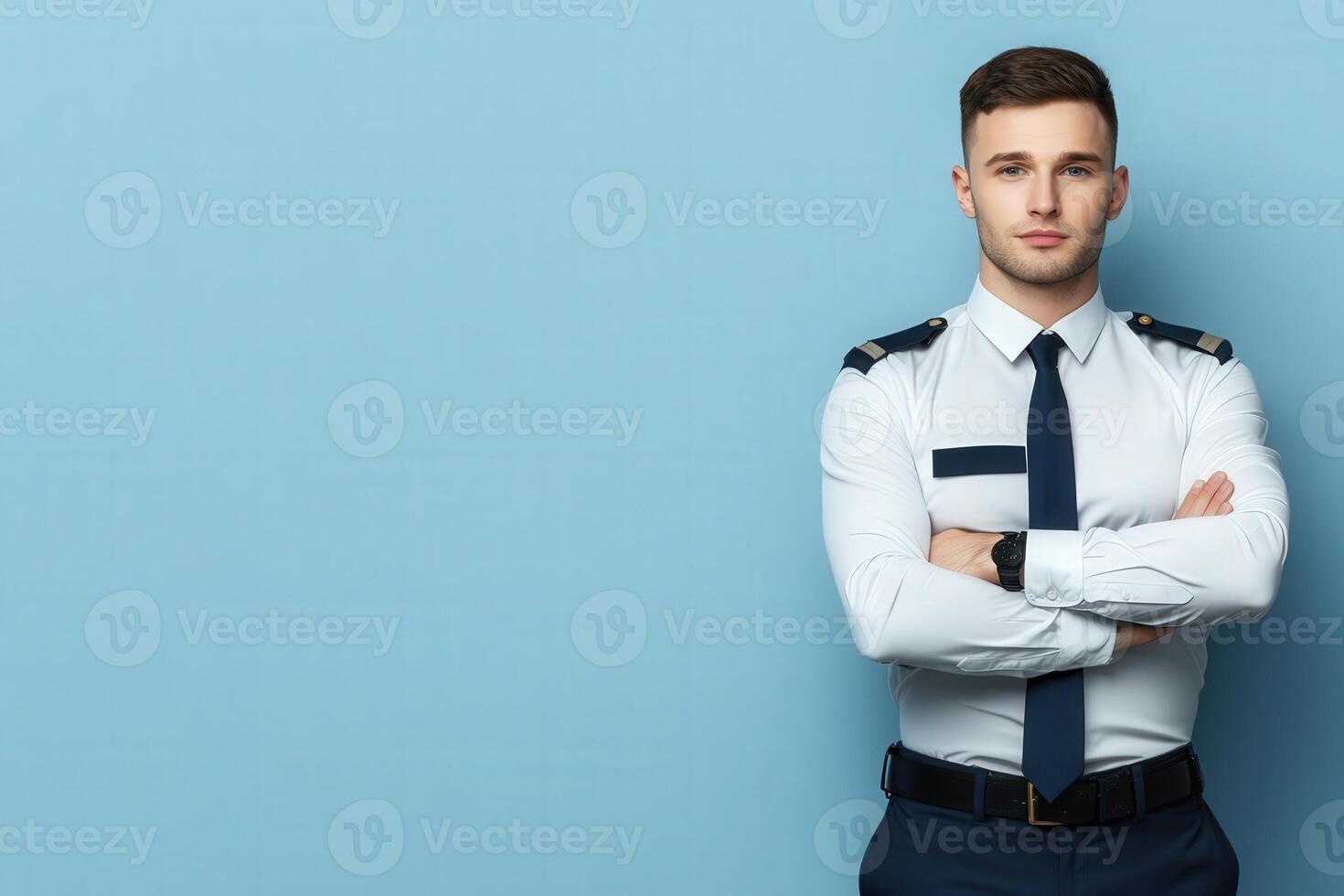 A border control officer in a crisp uniform stands with arms crossed, exuding professionalism. The clean solid blue background highlights his role and responsibility in maintaining security. photo