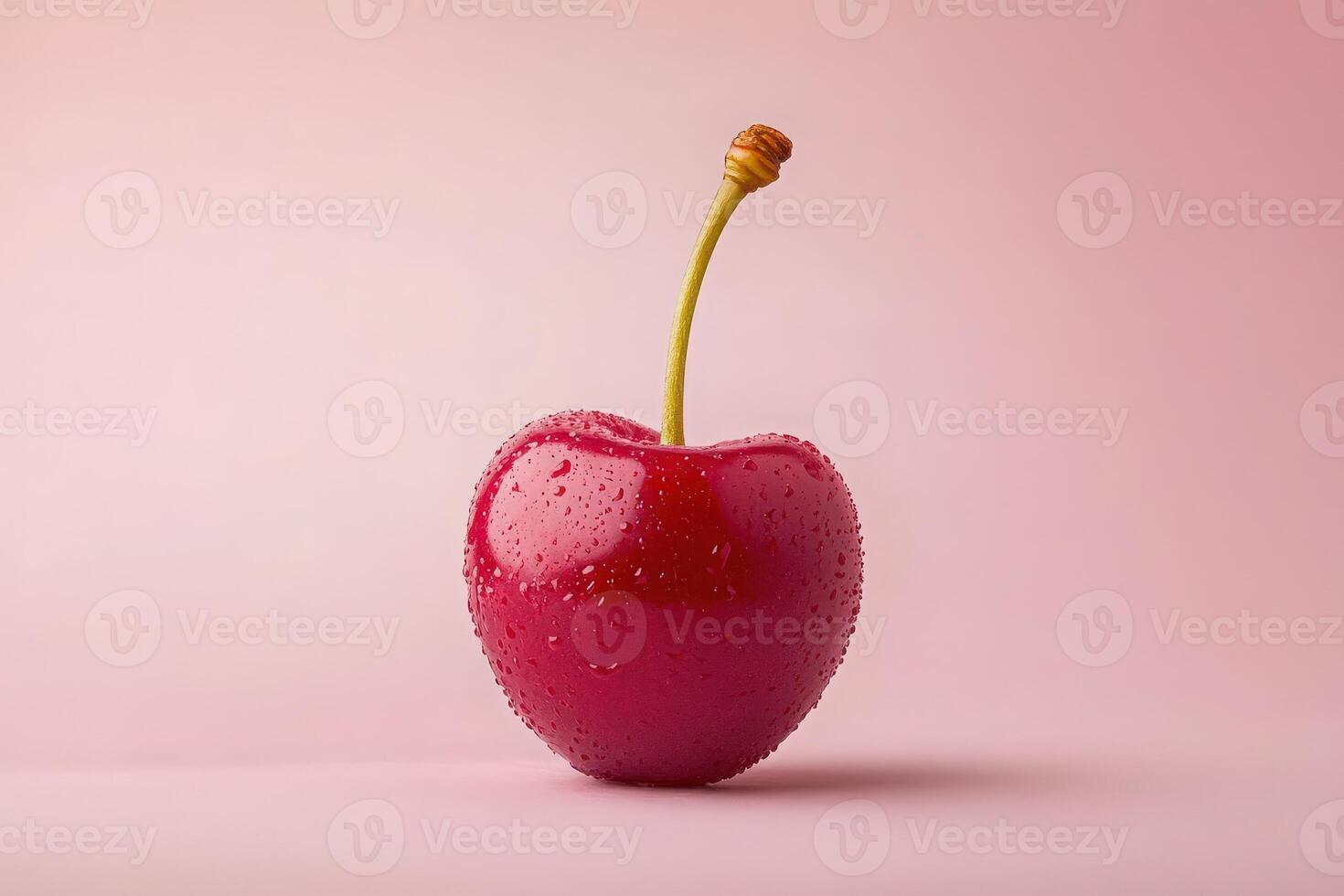 A vibrant cherry, glistening with droplets of water, stands upright on a soft pink backdrop. Its fresh appearance invites a sense of sweetness and natural beauty. photo