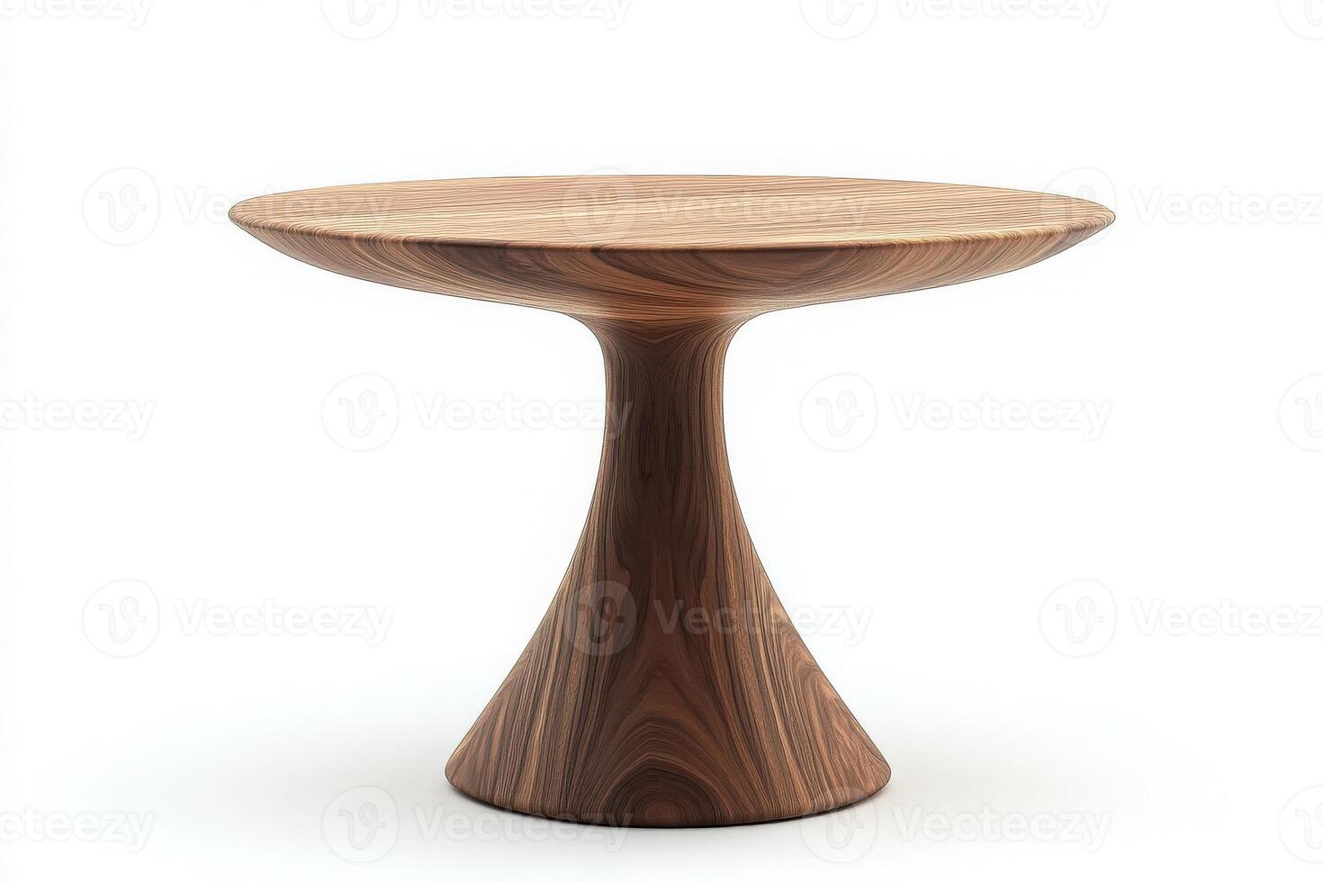 A sleek wooden side table stands gracefully in the center, showcasing its elegant design and smooth finish. The minimalist environment enhances its unique silhouette and aesthetic appeal. photo