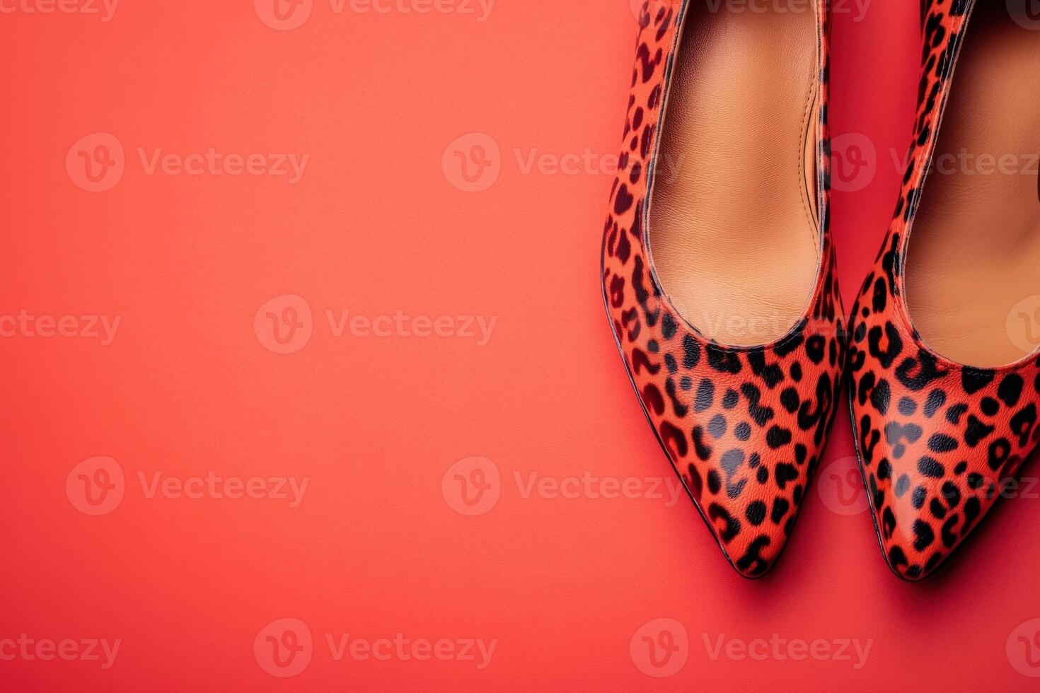 These chic leopard pattern shoes are positioned on a bright, clean solid background, highlighting their stylish design and attention to detail, perfect for a fashion-forward statement. photo