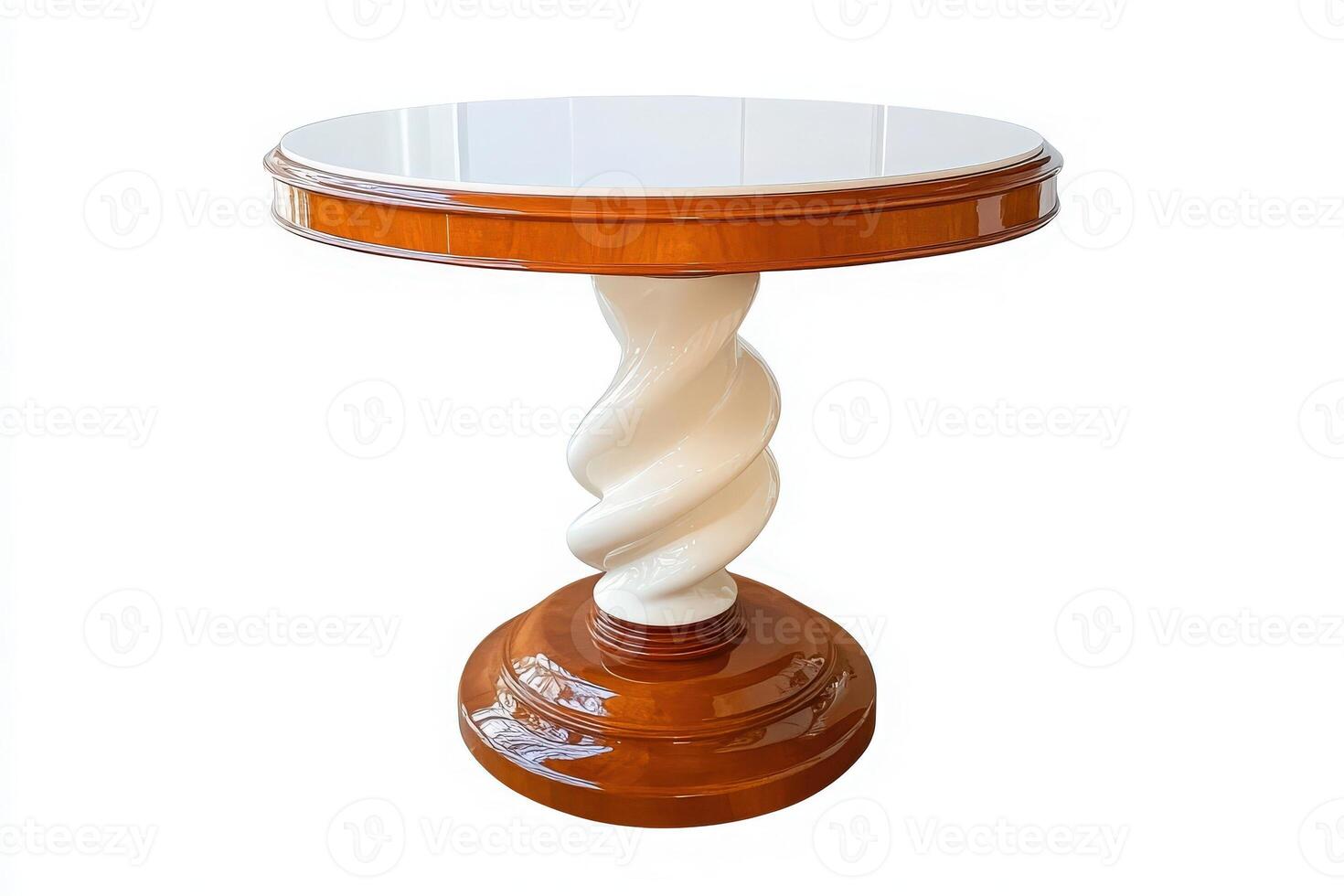 A chic side table featuring a twisted pedestal and a sleek round top stands alone in a contemporary space, highlighting its stylish design and modern aesthetics. photo