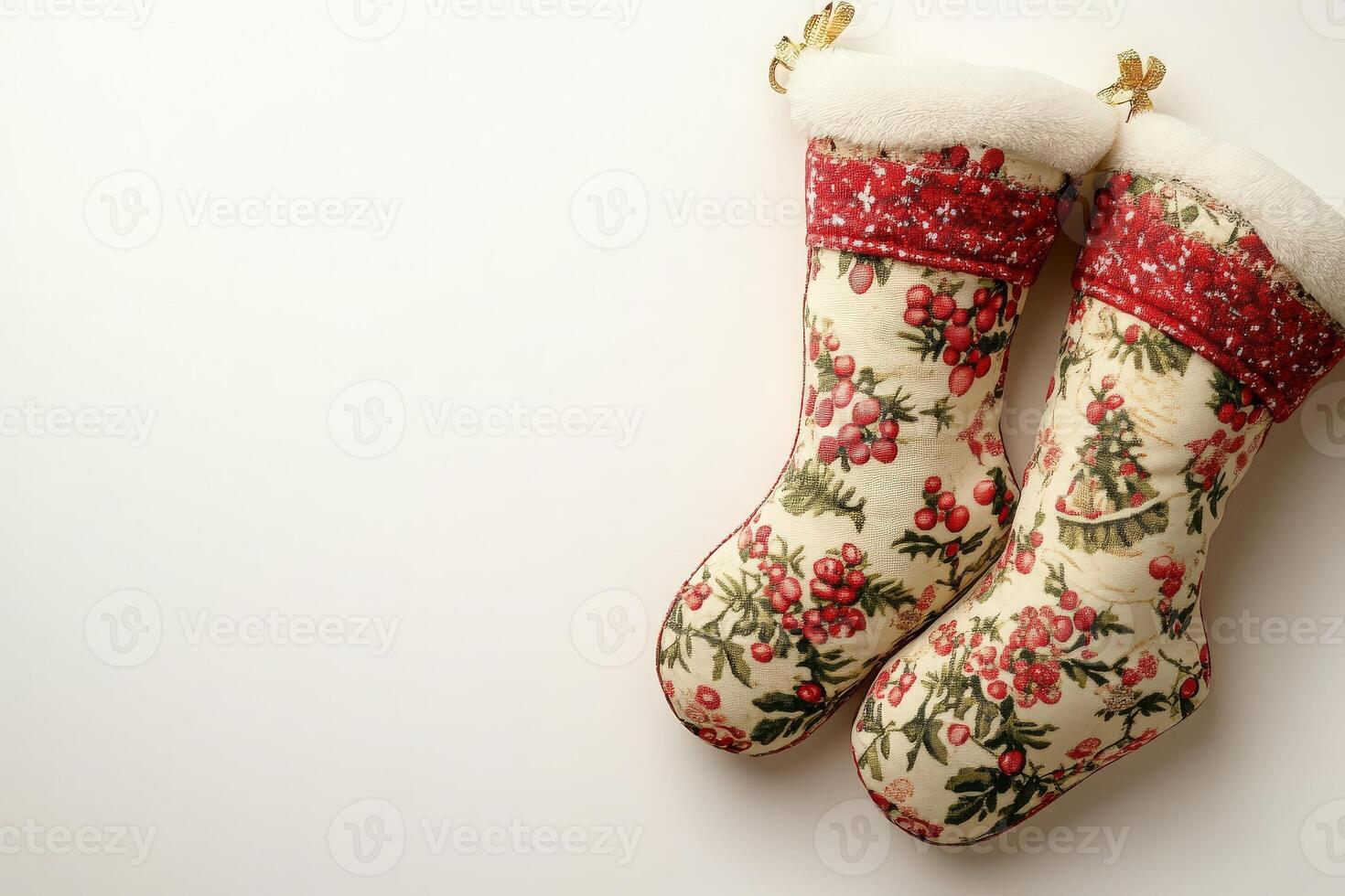 These festive Christmas stockings are adorned with vibrant patterns, positioned neatly on a clean, solid background, adding a joyful touch to the holiday season. photo