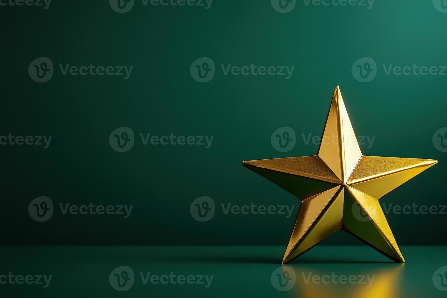 The festive golden Christmas star stands out against a deep green background, symbolizing holiday cheer and decoration. Perfect for evoking the spirit of the season. photo