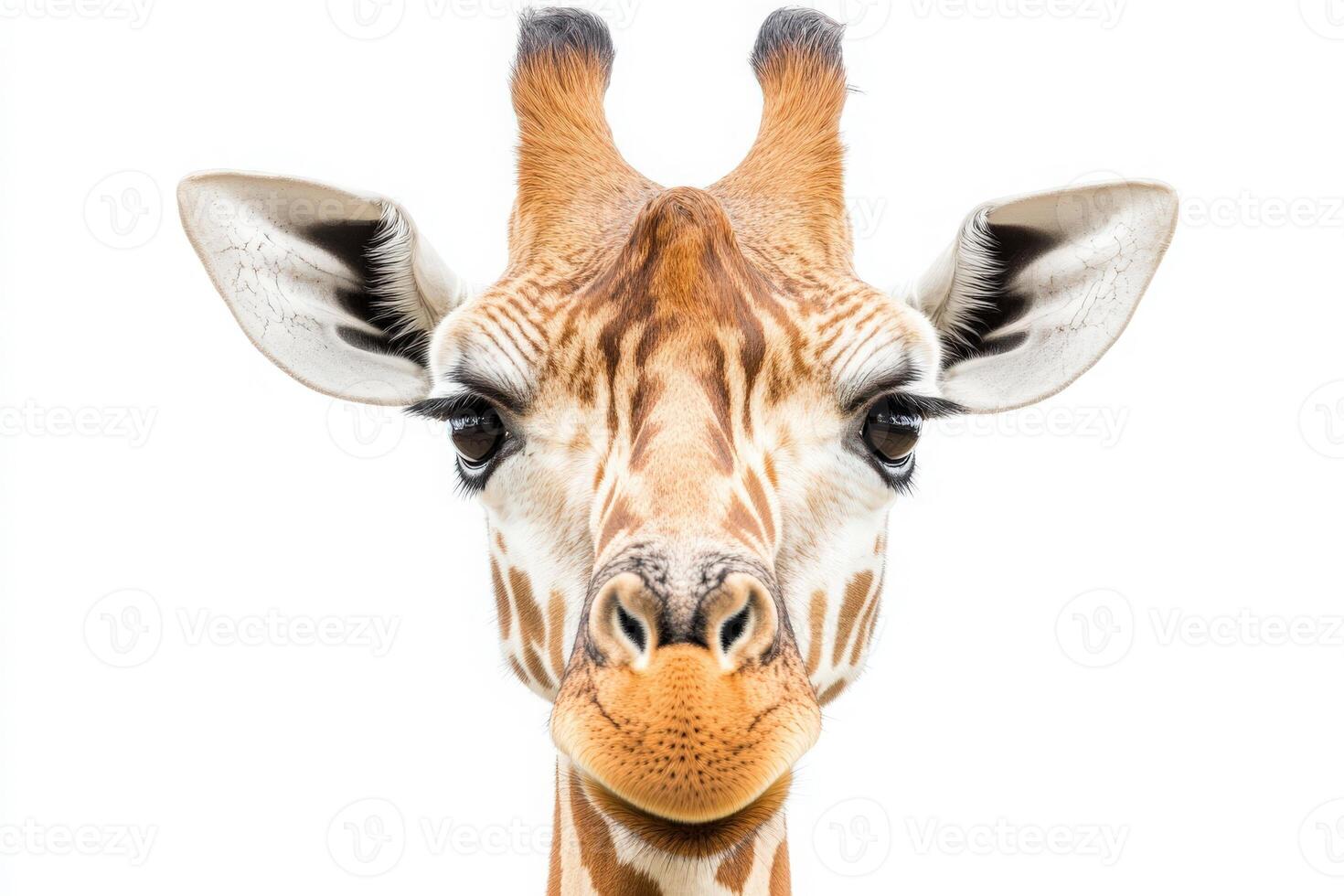 A giraffe stands isolated in the center, its expressive eyes and distinct patterns visible. The neutral background highlights its features, creating a vivid focal point. photo