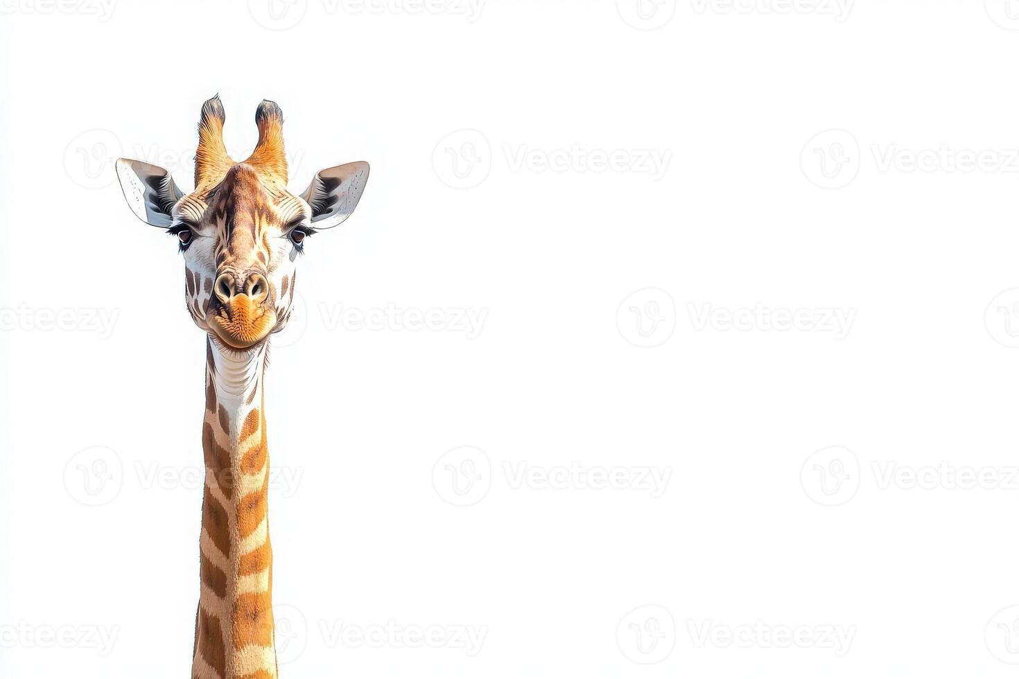 A giraffe stands isolated in the center, its long neck and distinctive coat patterns clearly visible. The creature exudes a sense of calm in this minimalist setting. photo