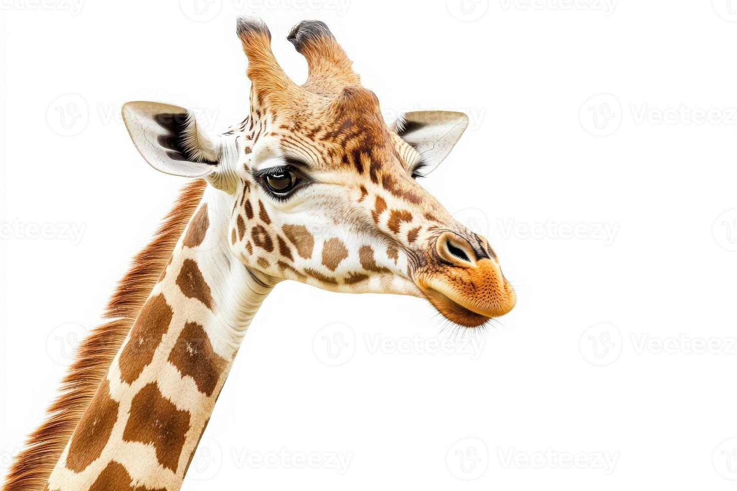 The giraffe gazes calmly, showcasing its long neck and unique coat pattern against a stark white background, accentuating its graceful and elegant presence. photo