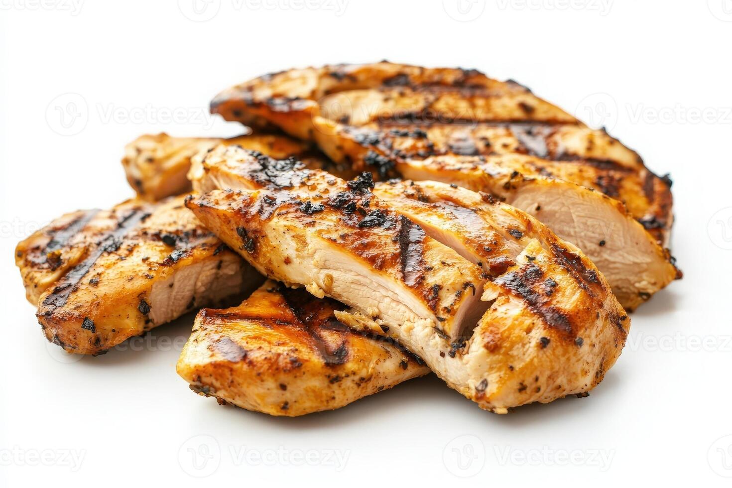 Tender and juicy grilled chicken slices are displayed in the center, showcasing golden-brown grill marks. photo