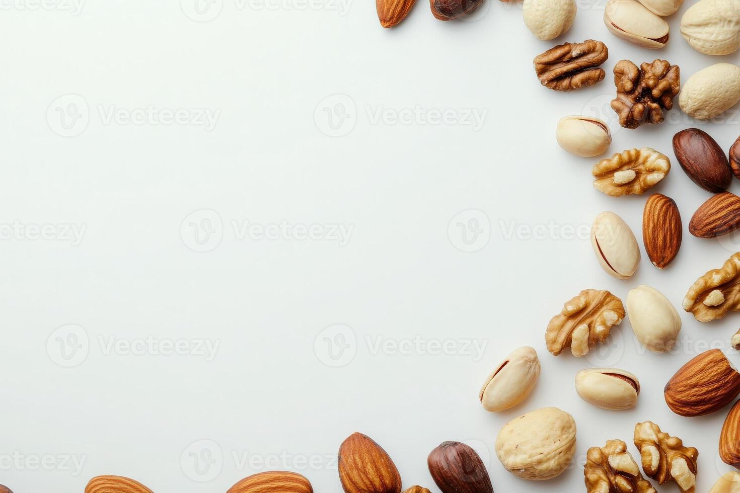 Assorted nuts including almonds, walnuts, and pistachios are elegantly scattered on a neutral background, showcasing their natural textures and colors, perfect for a healthy snack option. photo