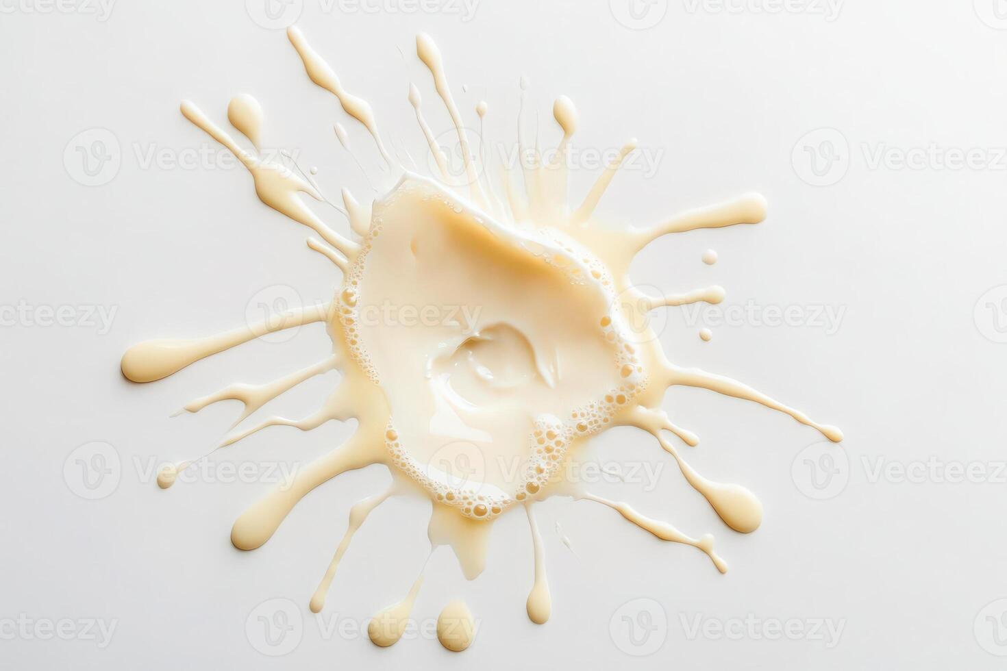 A rich, creamy substance is centrally blurred against a minimalistic background. The heavy cream has splattered outward, highlighting its viscous texture and light color fluid dynamics. photo