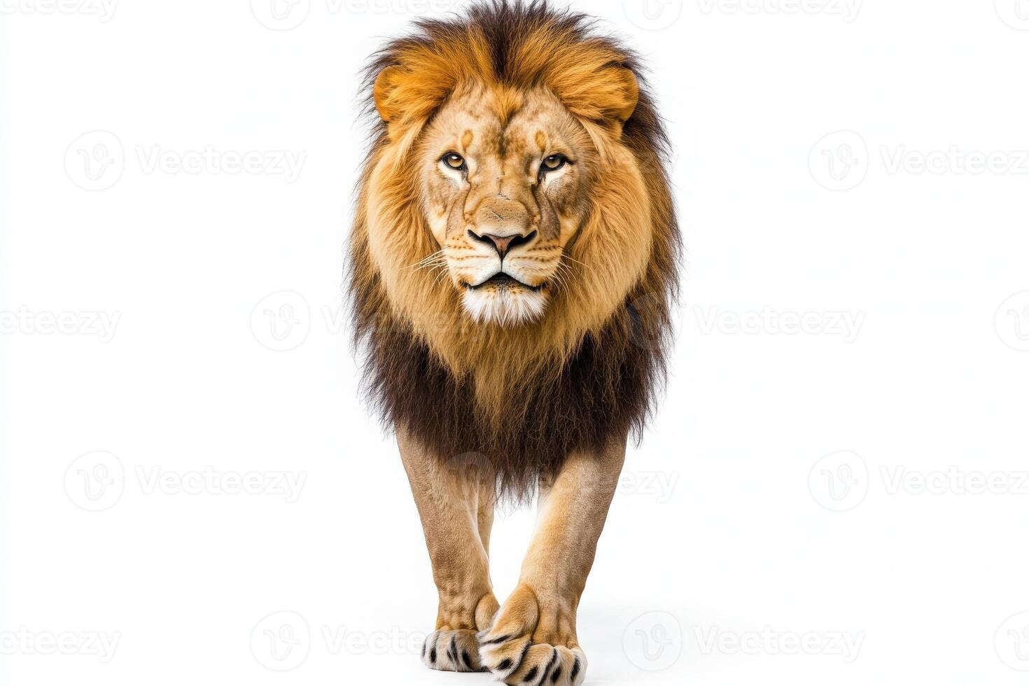 A powerful lion with a flowing mane stands boldly at the center, exuding strength and grace. Its gaze captures the essence of wildness, emphasizing its regal presence in stark isolation. photo