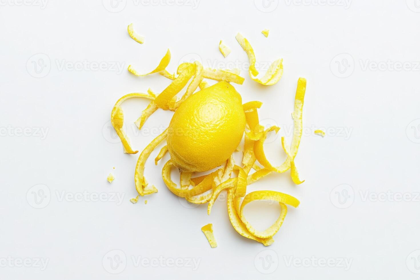 Bright yellow lemon zest is beautifully arranged with fresh peel scattered around it. This vibrant composition highlights the zests texture, ideal for enhancing dishes or drinks. photo