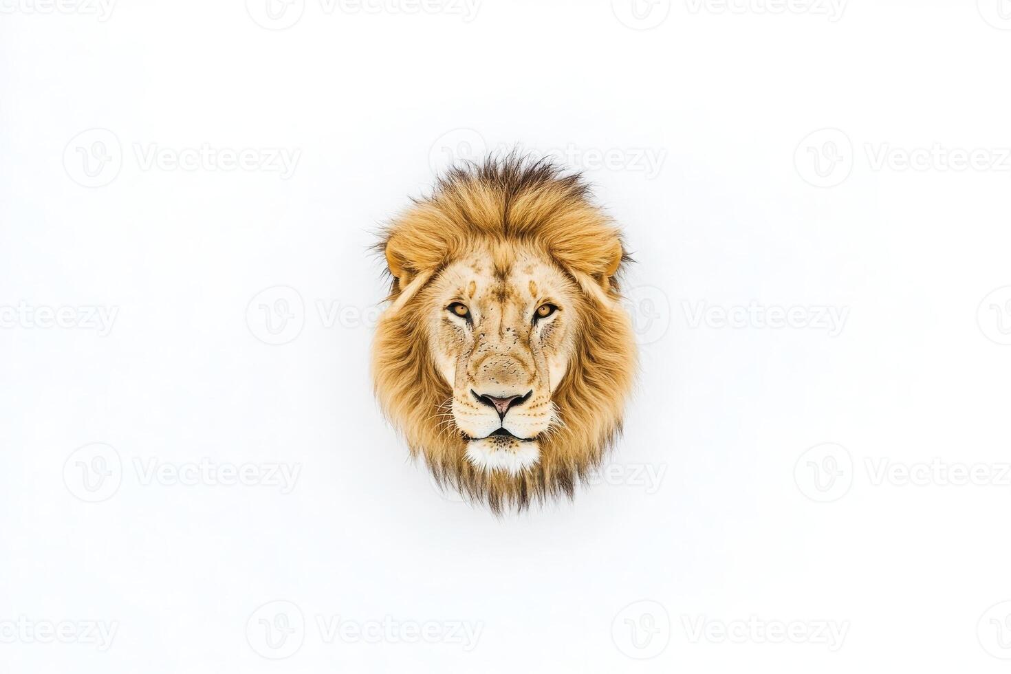 A lion with a full, impressive mane sits serenely, showcasing its powerful presence against a plain background. The animals calm expression reflects the tranquility of its environment. photo