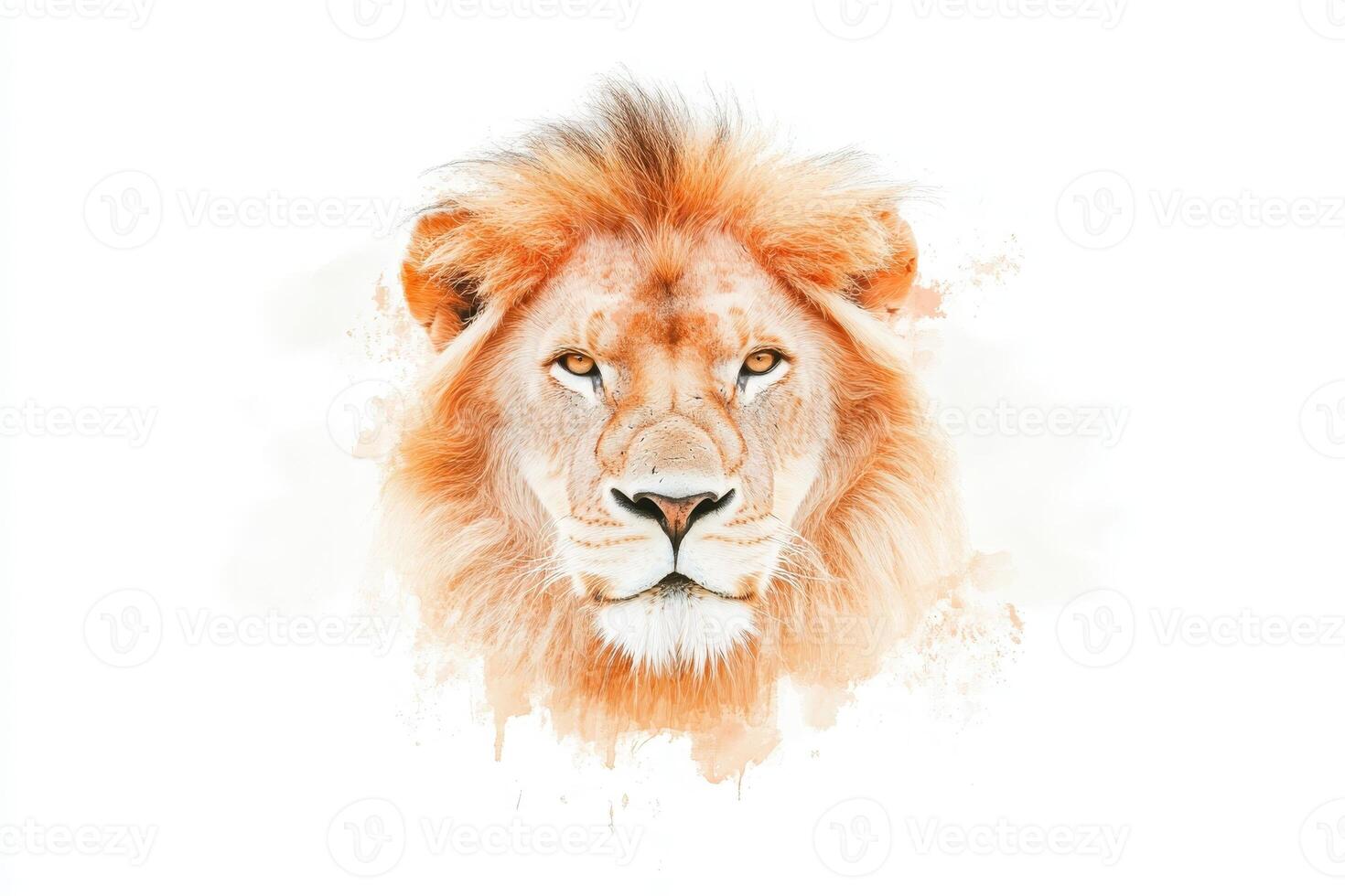 This lion exhibits its powerful presence with intense eyes and a magnificent mane, contrasting beautifully against the plain background. Its regal demeanor captures the essence of wildlife majesty. photo