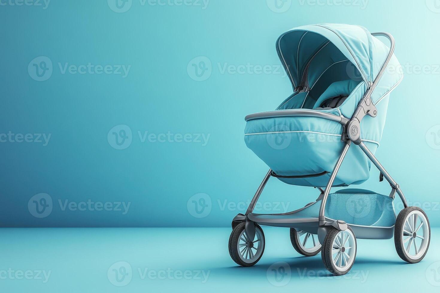 A stylish lightweight baby pram in soft turquoise is showcased against a solid, clean background. Its design highlights practicality and comfort for parents on the go, ideal for outings with infants. photo