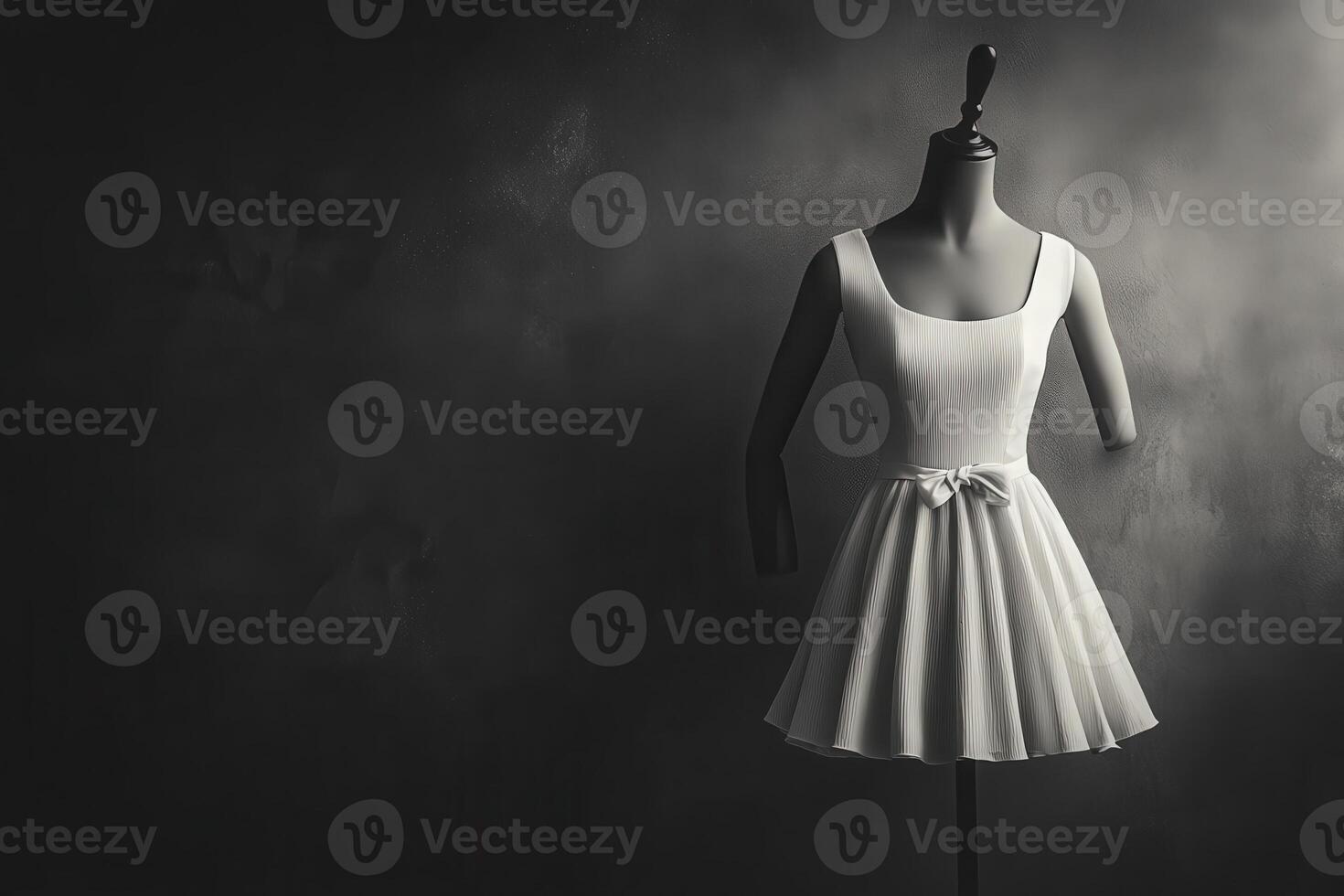 A sleek mannequin stands against a dark backdrop, showcasing a clean, minimalist white dress that highlights modern fashion aesthetics with elegant lines and a flared skirt. photo
