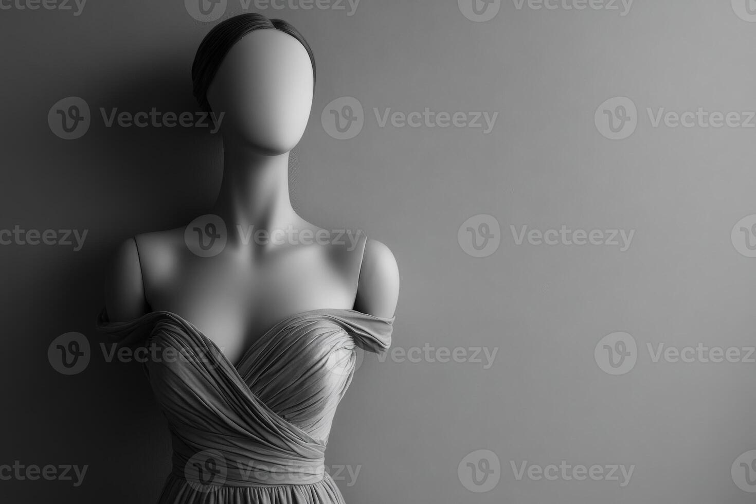 A chic mannequin stands elegantly, showcasing a beautifully designed dress in a clean, minimalist style. The soft lighting enhances the graceful lines of the garment against a neutral backdrop. photo