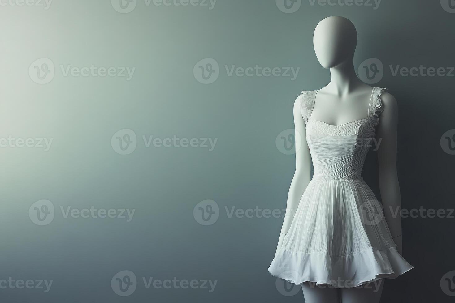 A sleek mannequin dressed in a simple white dress stands elegantly against a soft gray backdrop in a retail setting. The minimalist design emphasizes the dresss delicate features. photo
