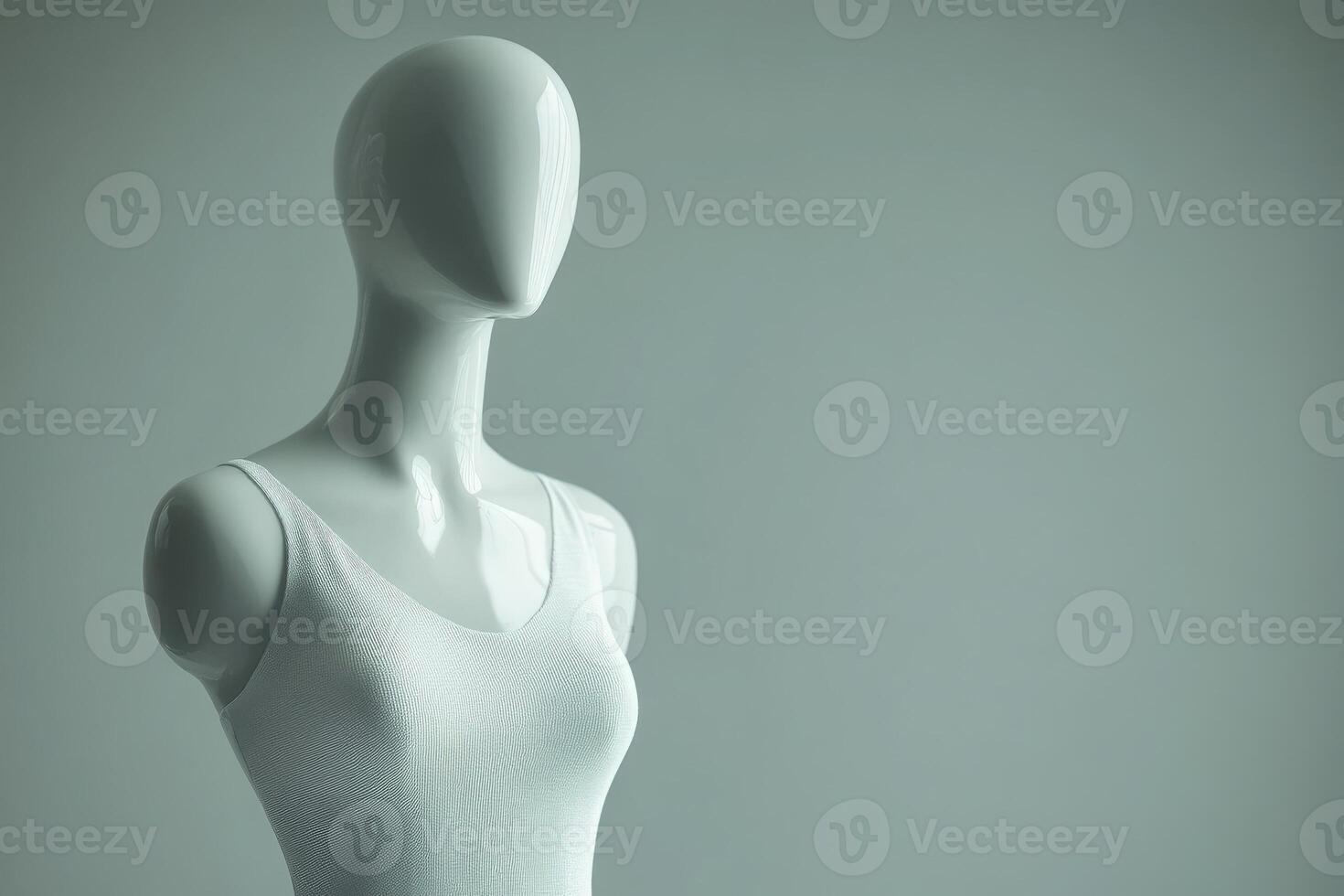 The mannequin stands elegantly against a plain backdrop, showcasing a simple yet chic dress design in a minimalist style. Perfect for a contemporary fashion display. photo