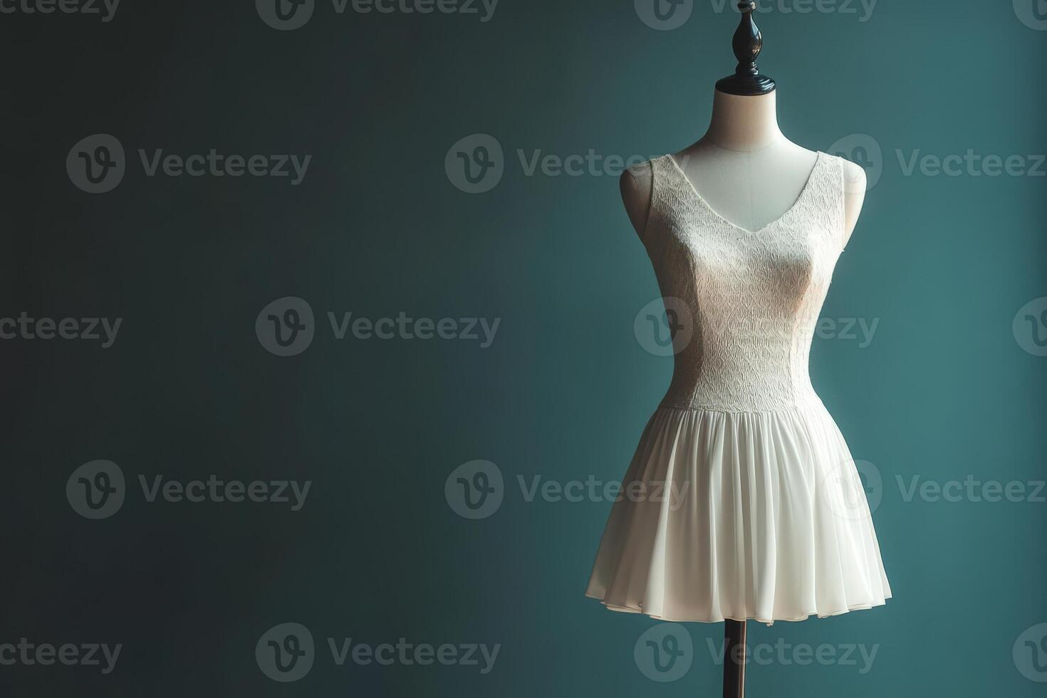 A stylish mannequin showcases a simple white dress against a calm, muted background, highlighting elegance and modern design. The setup emphasizes minimalism and fashion allure. photo