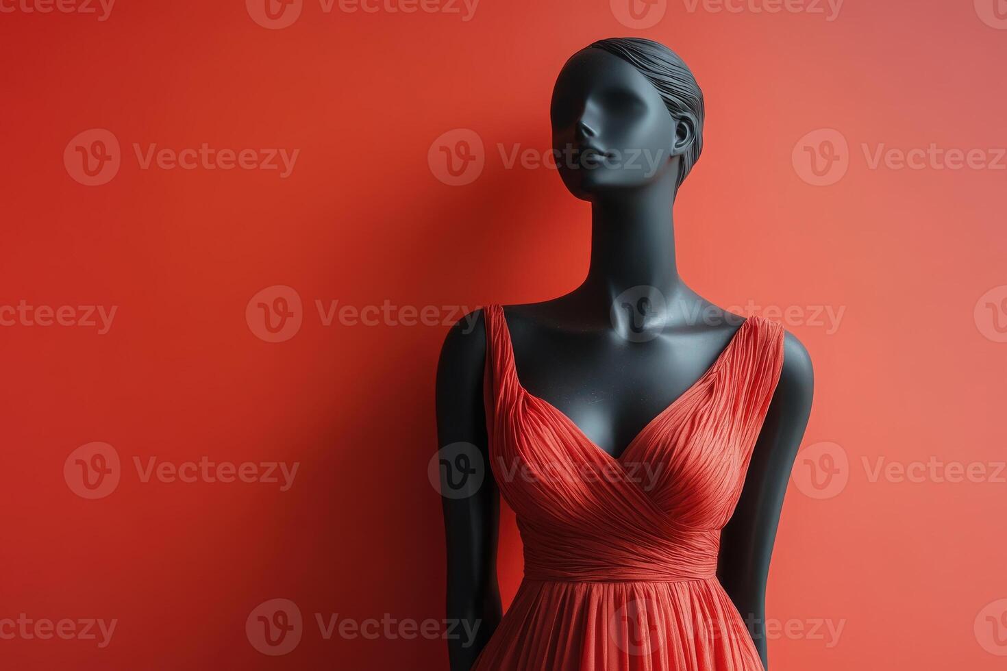 A sleek black mannequin showcases a beautiful red dress in a minimalist setting. The vibrant orange wall creates a striking contrast, highlighting the dresss elegant design. photo