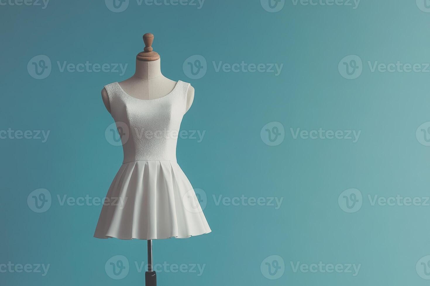 A stylish mannequin showcases a clean, simple white dress, highlighting its design against a soft blue wall. This elegant display captures the essence of minimalist fashion. photo
