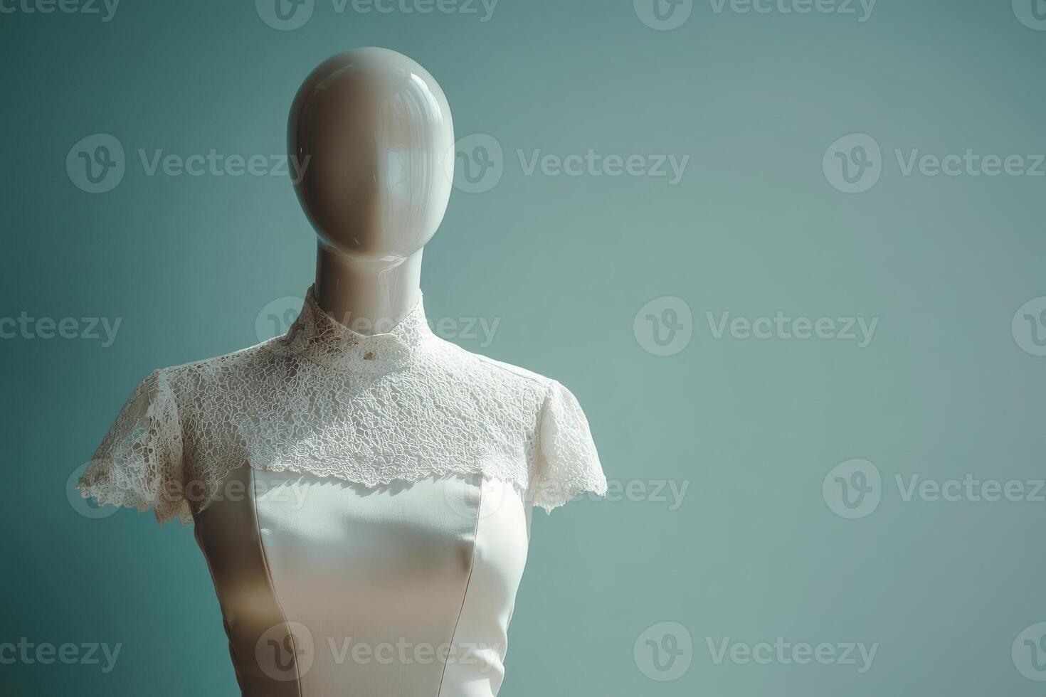 A stylish mannequin displays a beautiful lace dress, highlighting clean lines and minimalist design. The soft blue background enhances the elegance and simplicity of the garment. photo