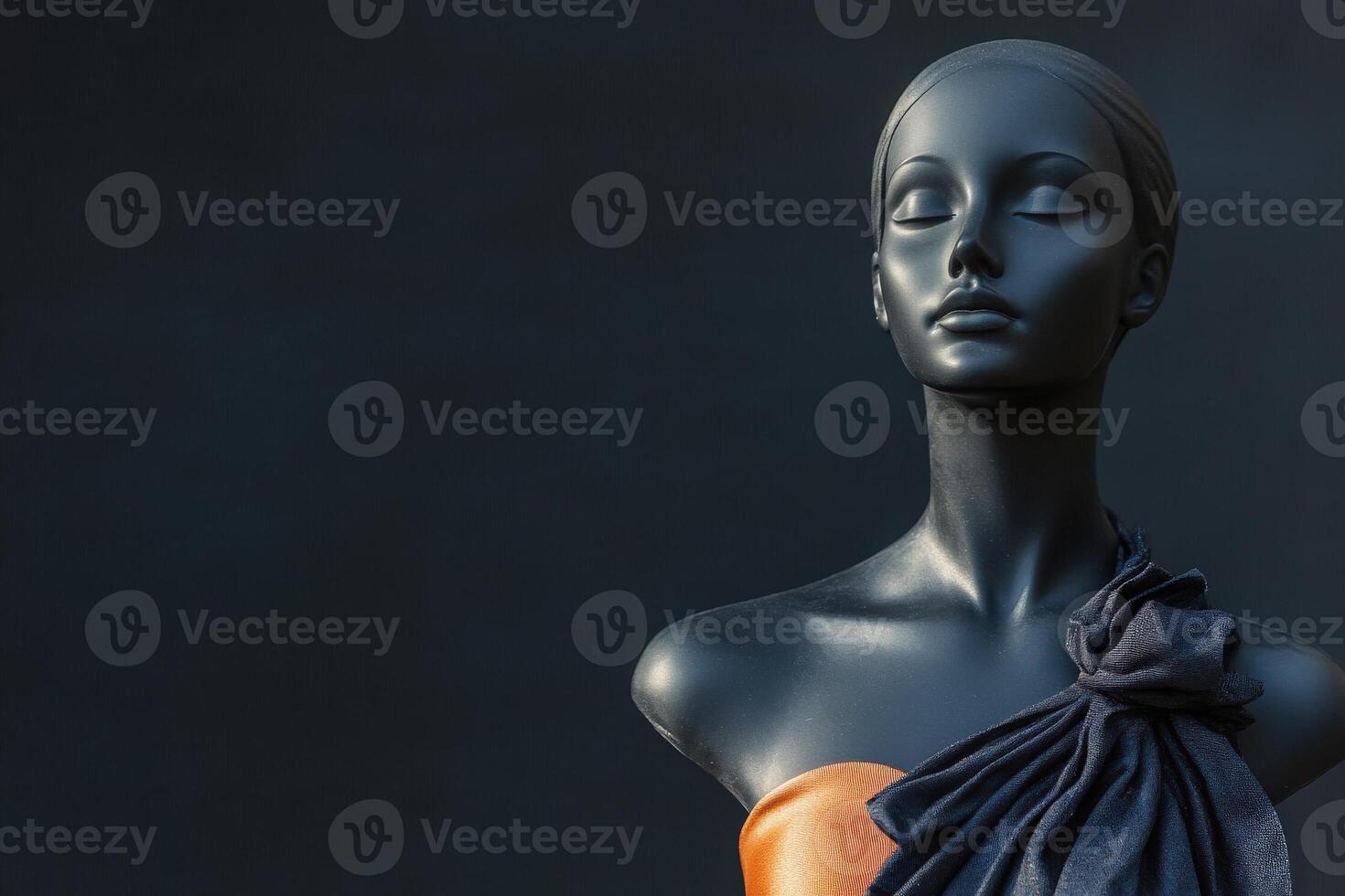 A sleek mannequin showcases a beautifully designed dress with an elegant color palette. The minimalist display emphasizes the fashion, highlighting the garments unique features and textures. photo