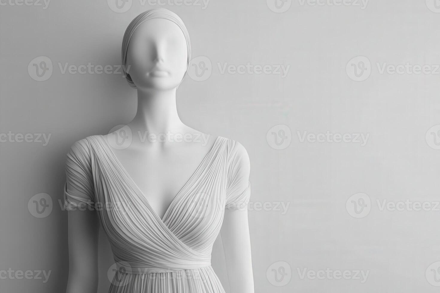 A sleek mannequin displays a beautiful minimalist dress, highlighting the gentle lines and textures of the fabric. The soft gray wall enhances the elegance of the design. photo