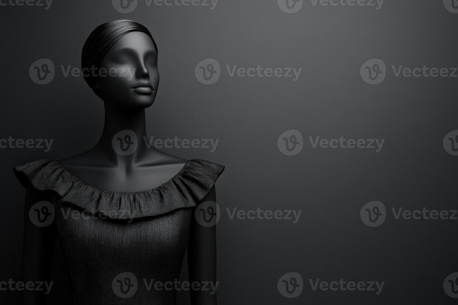 The display features a stylish mannequin dressed in a sophisticated garment, set against a dark, minimalist backdrop in a fashion studio, highlighting the garments elegant design. photo