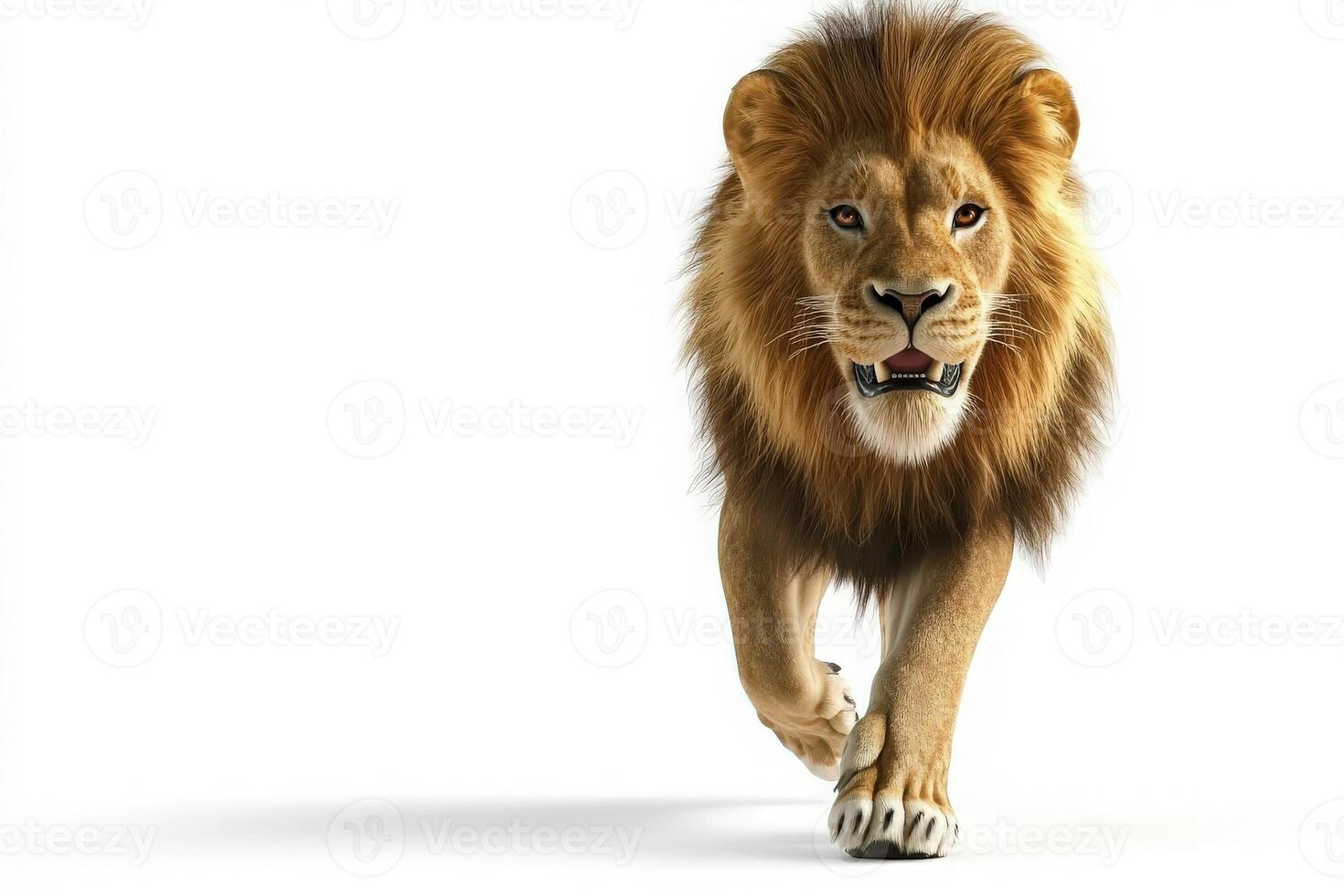 A powerful lion strides forward, its mane billowing as it moves purposefully. The vibrant expression captures its regal nature, emphasizing the beauty of wildlife. photo