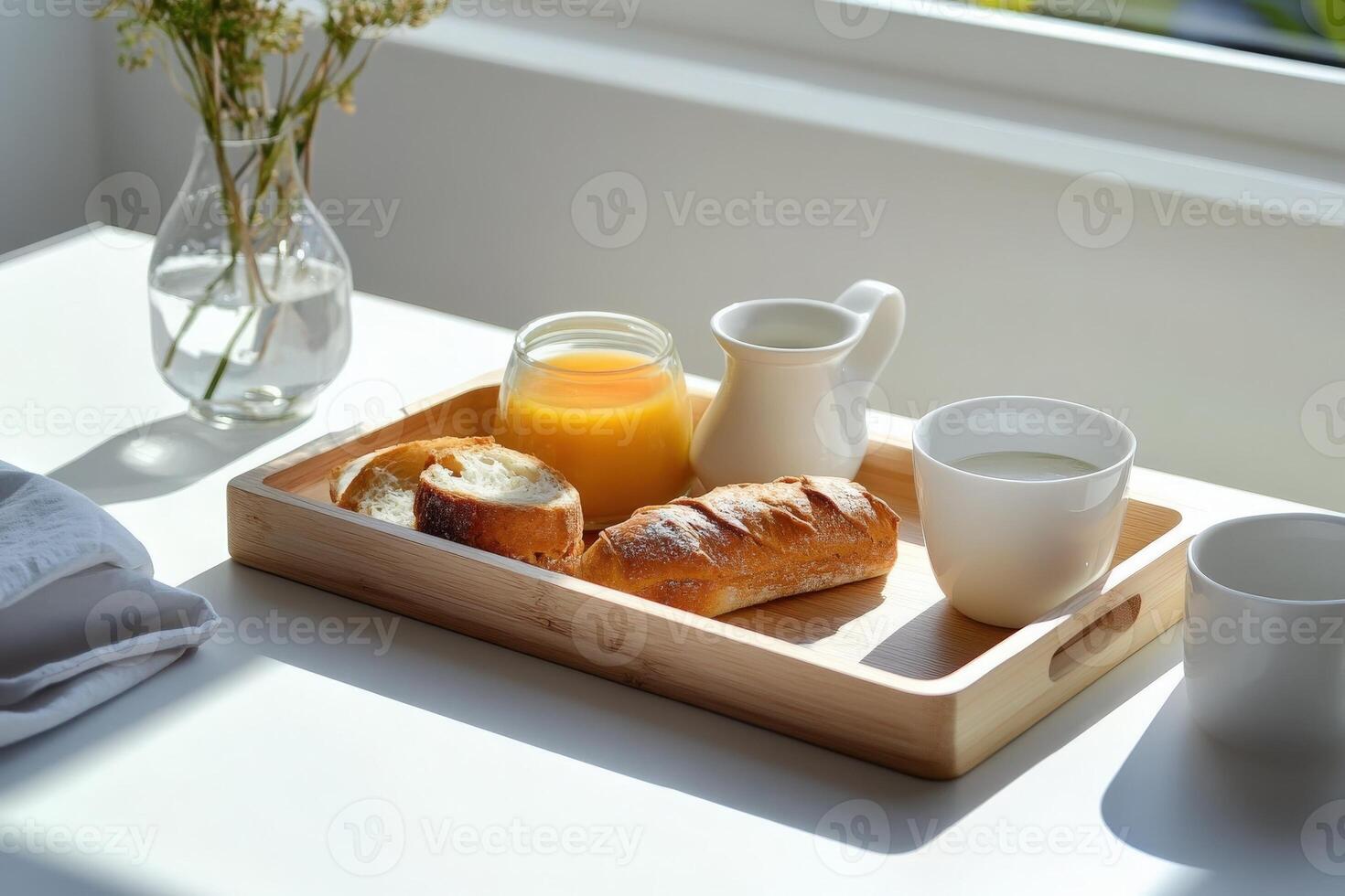 A serene breakfast tray holds a variety of simple foods, including fresh bread, a jar of juice, and milk, all placed near a window with gentle sunlight illuminating the setting. photo