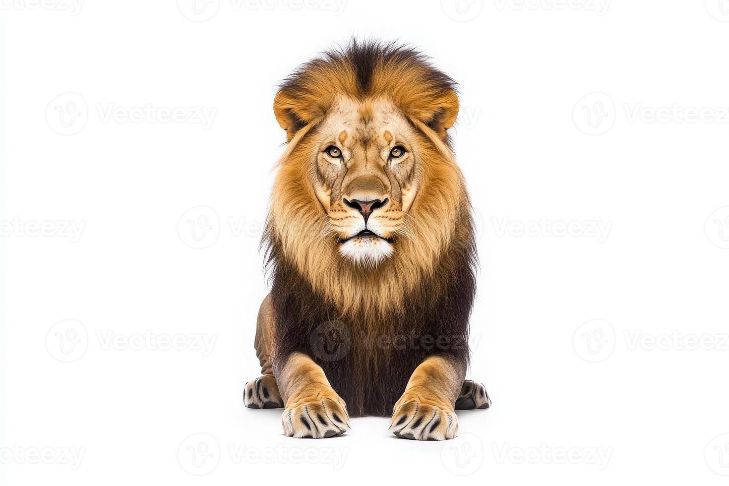 A stunning lion lies peacefully in the center, showcasing its magnificent mane and intense gaze. This solitary moment highlights the regal nature of the king of the jungle. photo