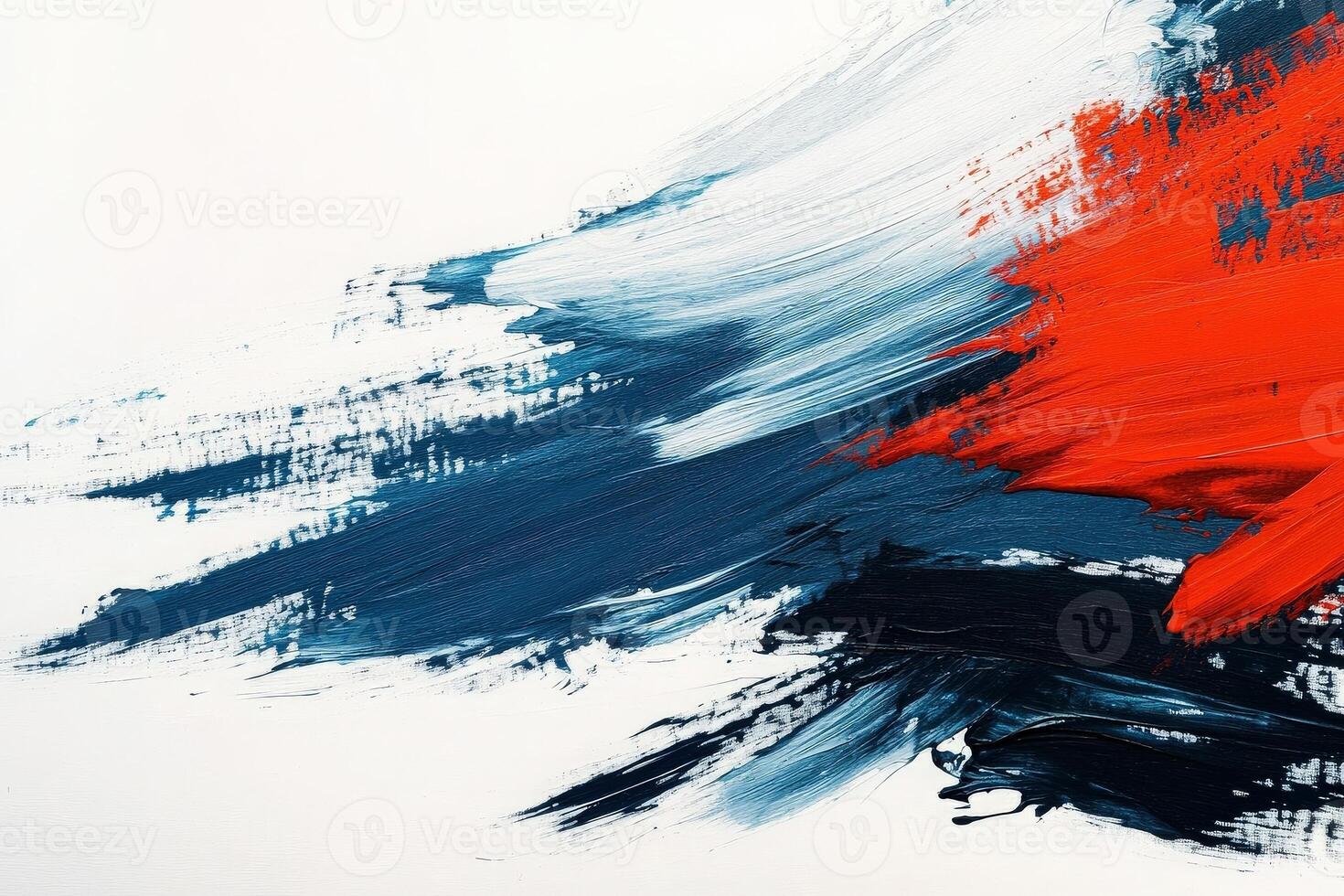 Bold splashes of blue, black, and red paint intertwine, forming dynamic lines on a smooth, clean white surface. The vibrant colors create an energetic visual contrast. photo