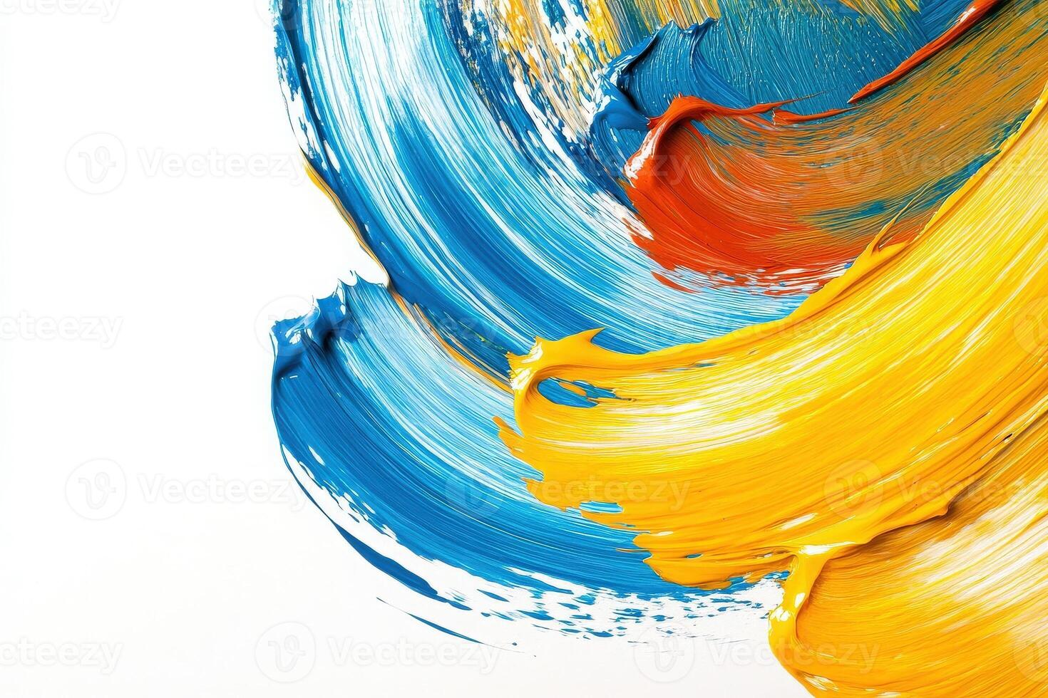 Vibrant strokes of blue, yellow, and orange paint intertwine on a pristine white surface, showcasing creative movement and artistic expression. The colors contrast beautifully against the emptiness. photo