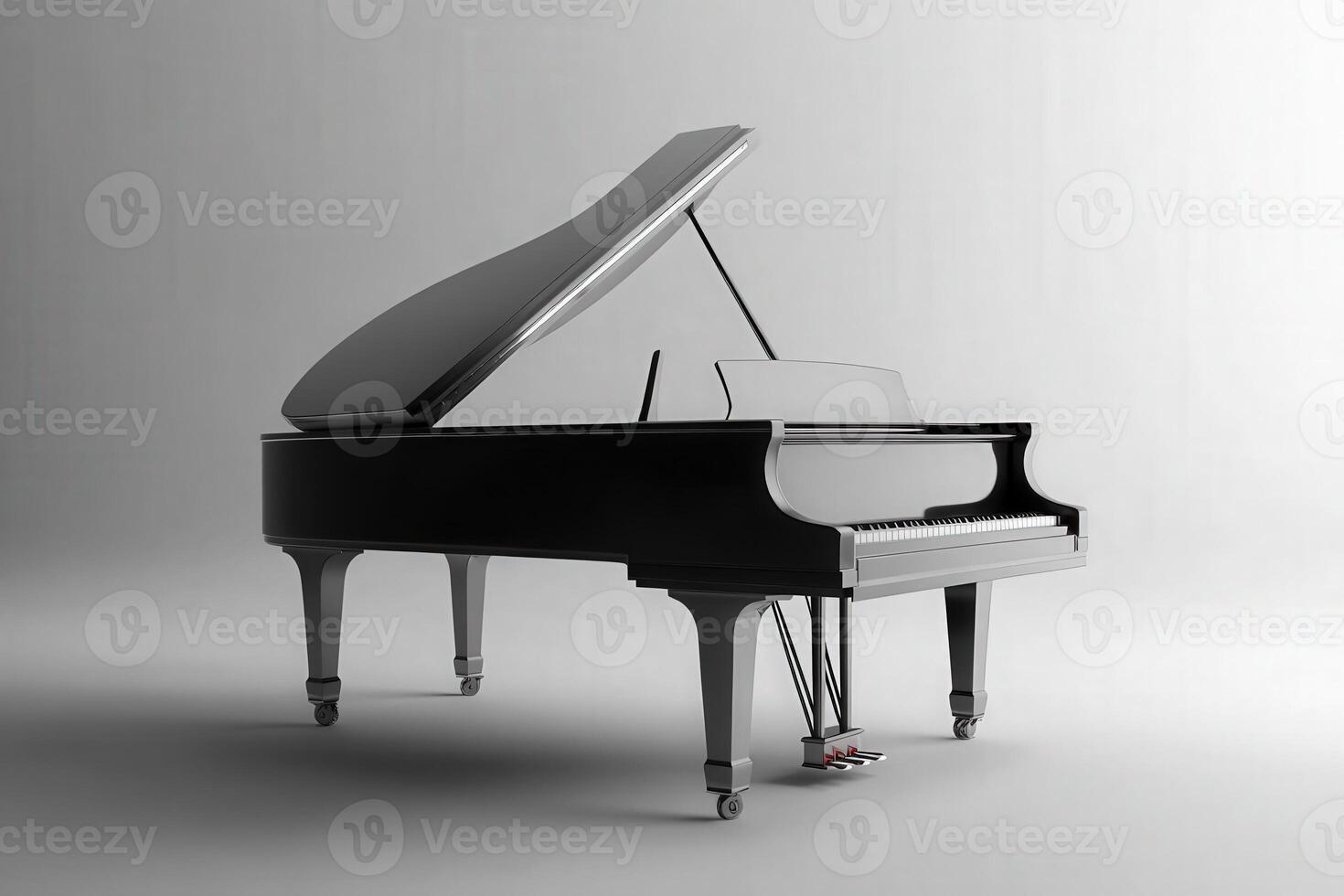 A sophisticated grand piano rests elegantly on a pristine solid surface. Its polished finish reflects light, highlighting the graceful curves and precise craftsmanship, inviting music creation. photo