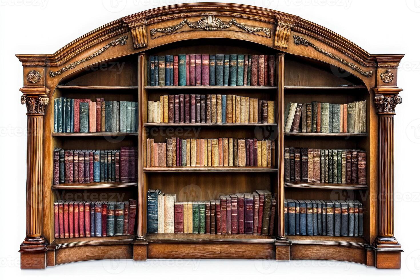 A beautifully crafted wooden bookshelf stands elegantly in the center of a bright room, filled with neatly arranged classic books of various colors and sizes, showcasing timeless literature. photo