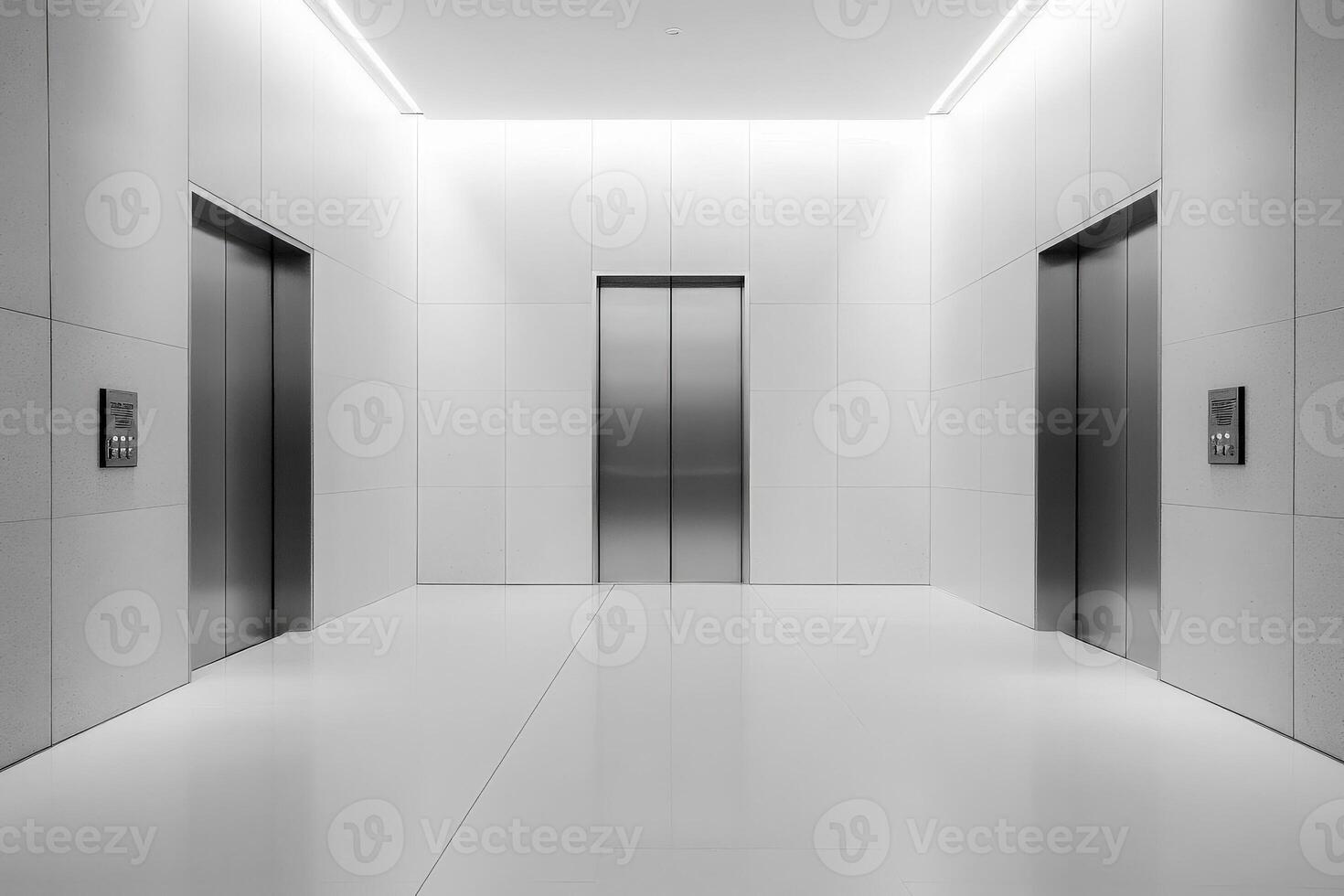 The image features elevator doors in a sleek, minimalist design located in a modern building lobby, illuminated by soft overhead lighting creating a serene atmosphere. photo