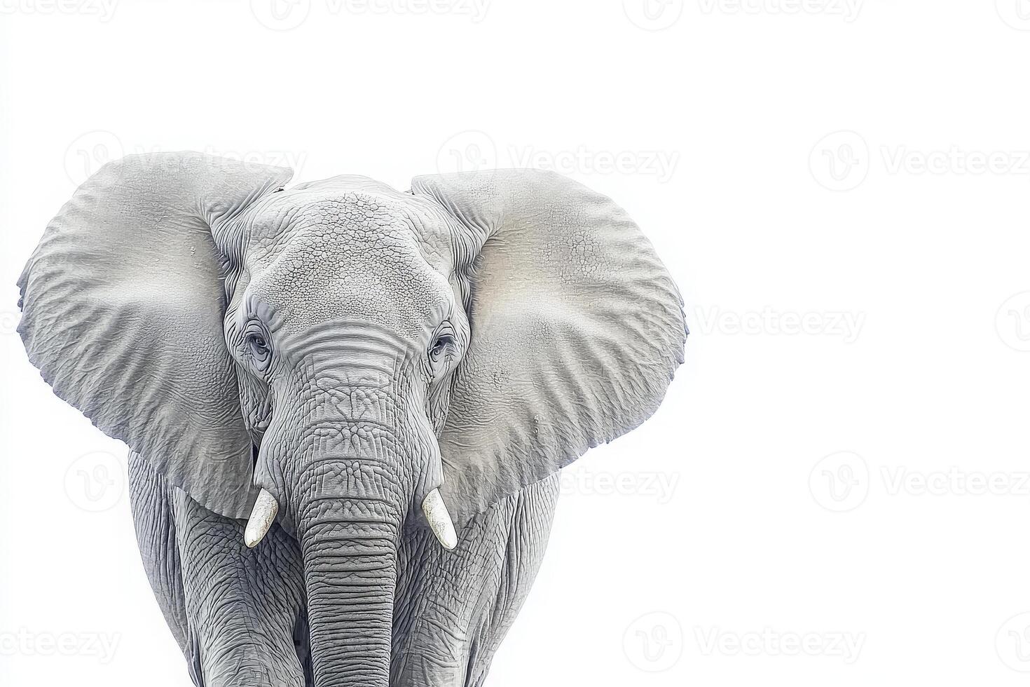 In a bright setting, a solitary elephant stands at the center, showcasing its impressive size and features with large ears and tusks, embodying the majesty of wildlife. photo