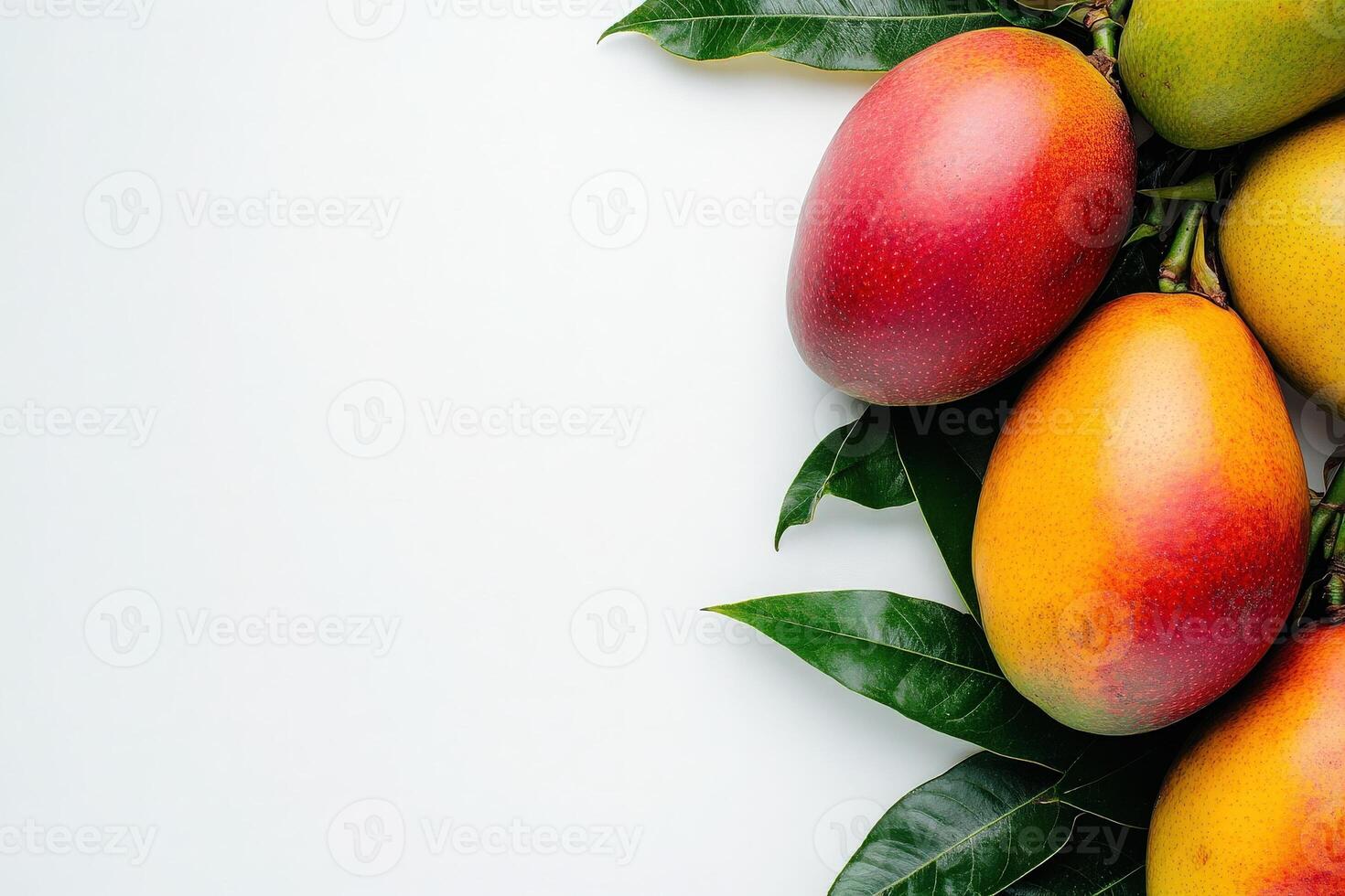 A collection of exotic mangoes in shades of red, orange, and yellow lays elegantly on a pristine white surface. The fresh leaves enhance the vibrant colors and natural appeal of the fruit. photo