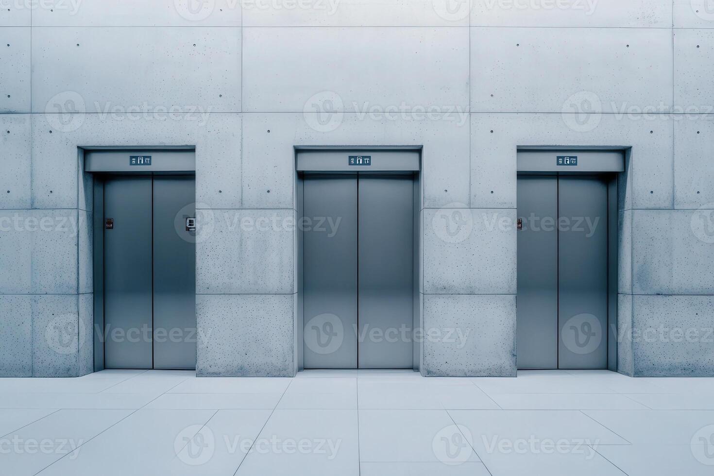 Elevator doors feature a sleek, minimalist design set against a smooth concrete wall, creating a modern atmosphere in a contemporary building. photo