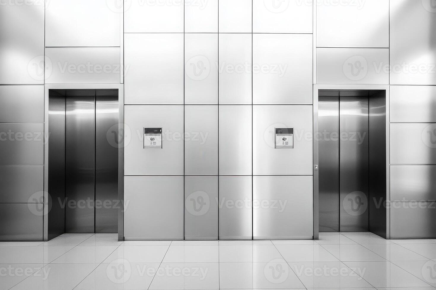 Two pairs of elevator doors are centered in a modern building. The minimalist design features a sleek metallic finish and a tiled floor, creating a clean and contemporary atmosphere. photo