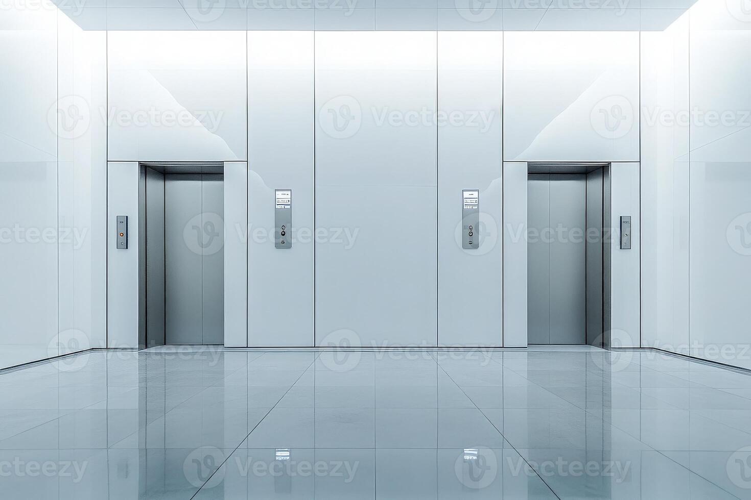 Elevator doors stand side by side in a sleek lobby featuring a minimalist aesthetic, complemented by shiny, reflective floor tiles and bright lighting that enhances the modern atmosphere. photo