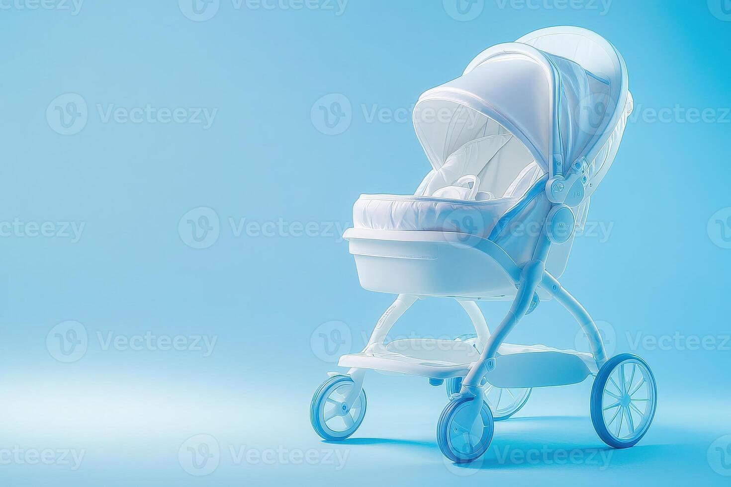 A stylish ergonomic baby trolley is featured in a clean, solid blue setting, showcasing its modern design and functionality, ideal for parents seeking comfort and safety for their infants. photo
