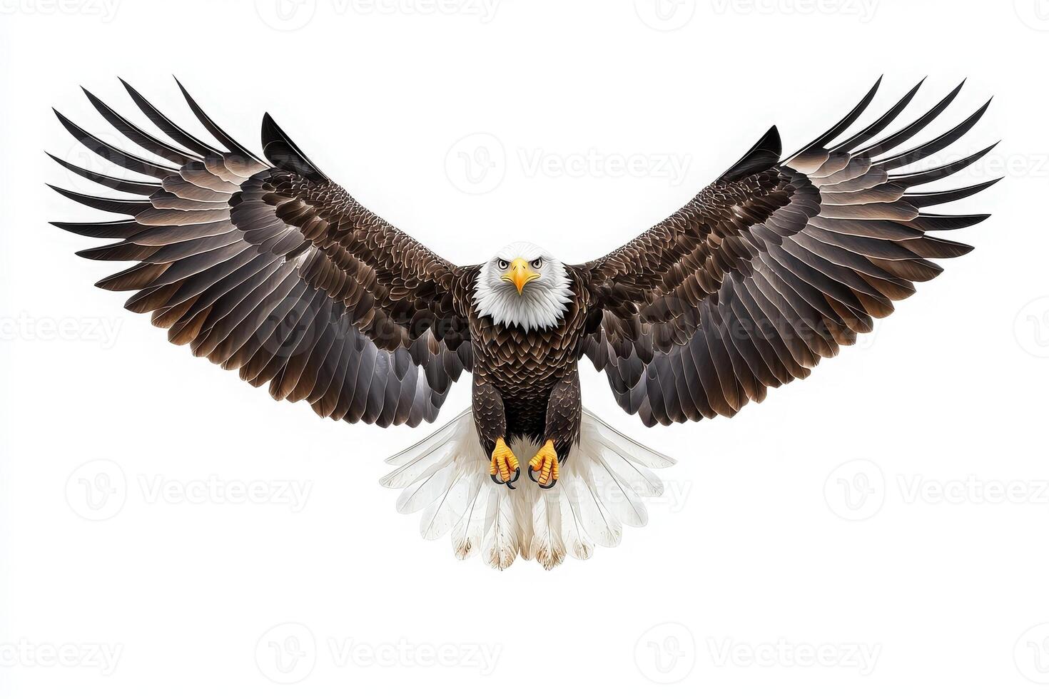 The eagle is prominently featured at the center, showcasing its impressive wingspan and detailed plumage. This majestic bird appears to be gliding gracefully, embodying freedom and strength. photo
