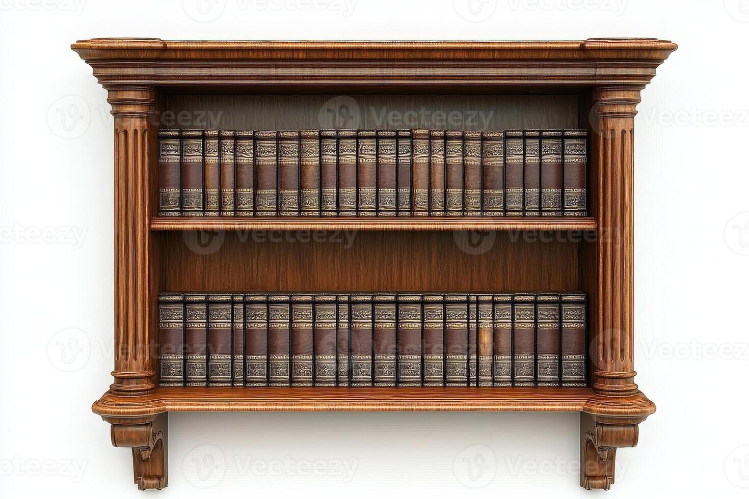 A beautifully crafted wooden bookshelf stands elegantly in the center, filled with classic leather-bound books. The warm tones of the wood contrast with the crisp white backdrop. photo