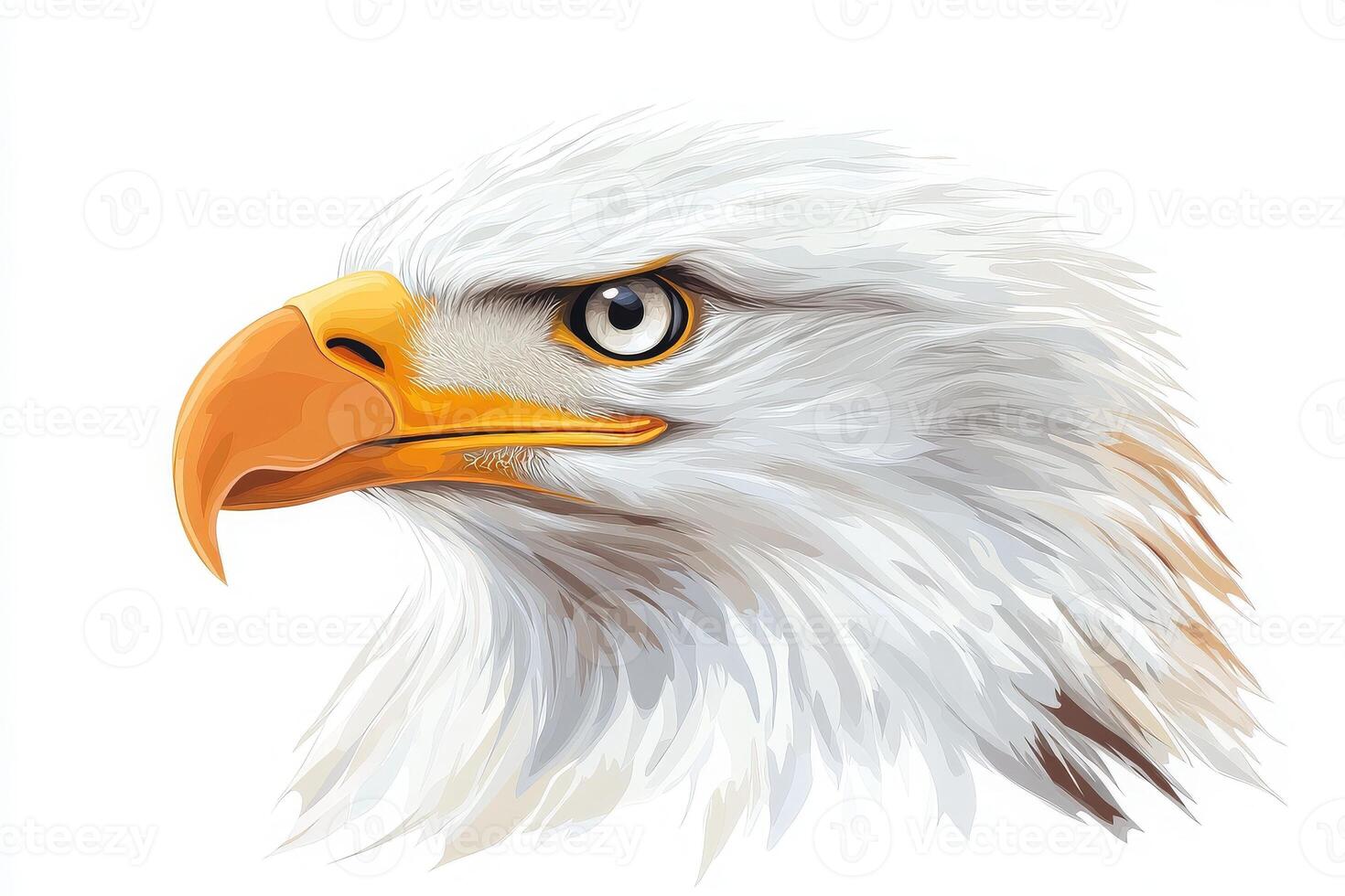 This eagle displays powerful features, with a fierce gaze and a vibrant orange beak. The isolated view emphasizes its majestic beauty and regal presence, showcasing its importance in nature. photo