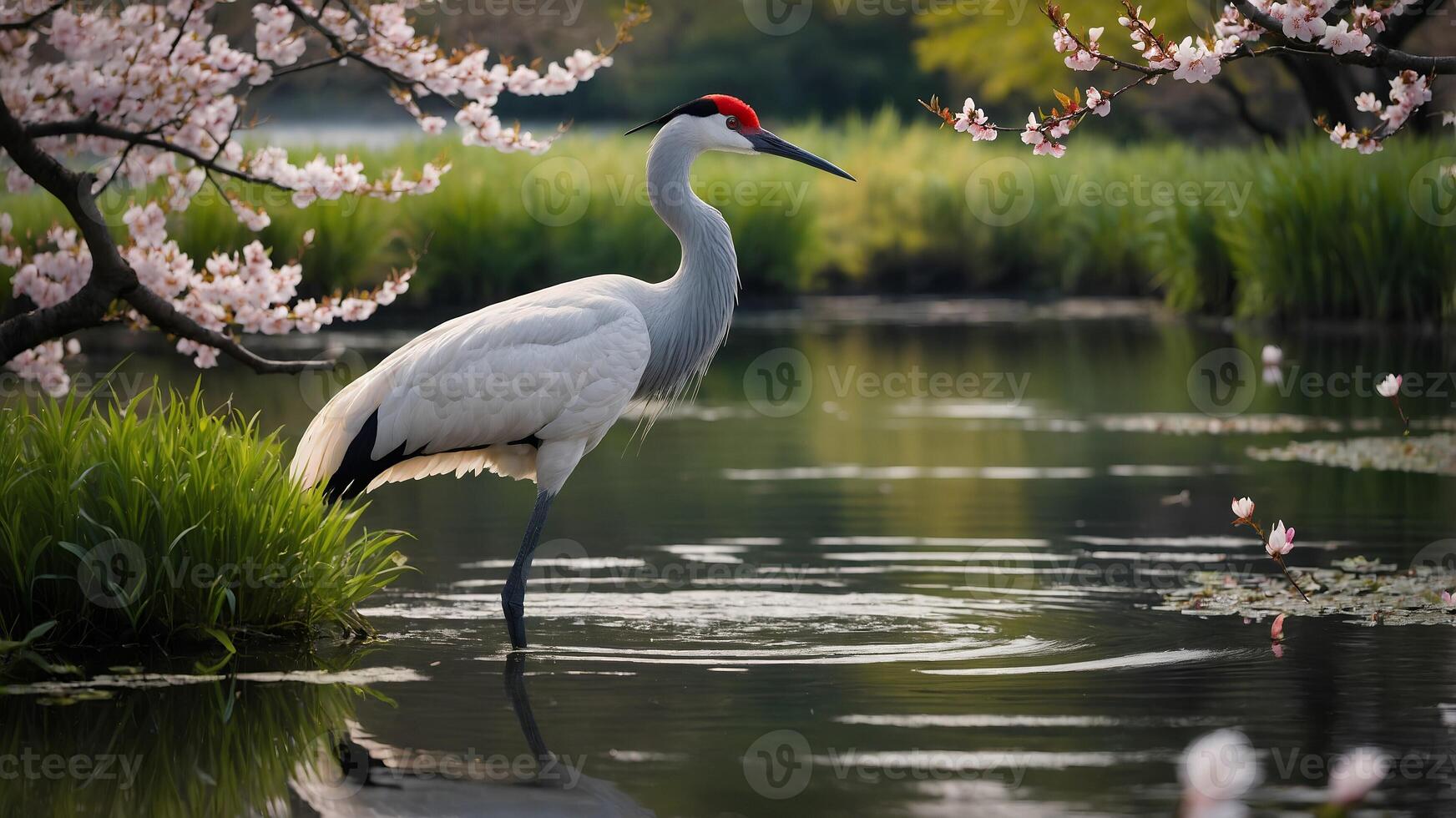Beautiful Japanese crane standing gracefully in the pond surrounded by blooming cherry blossom trees photo