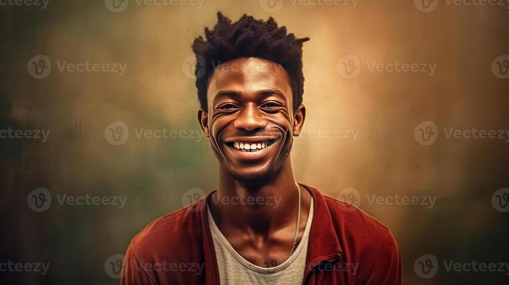 a young African man beams with a smile against a warm brown background. photo