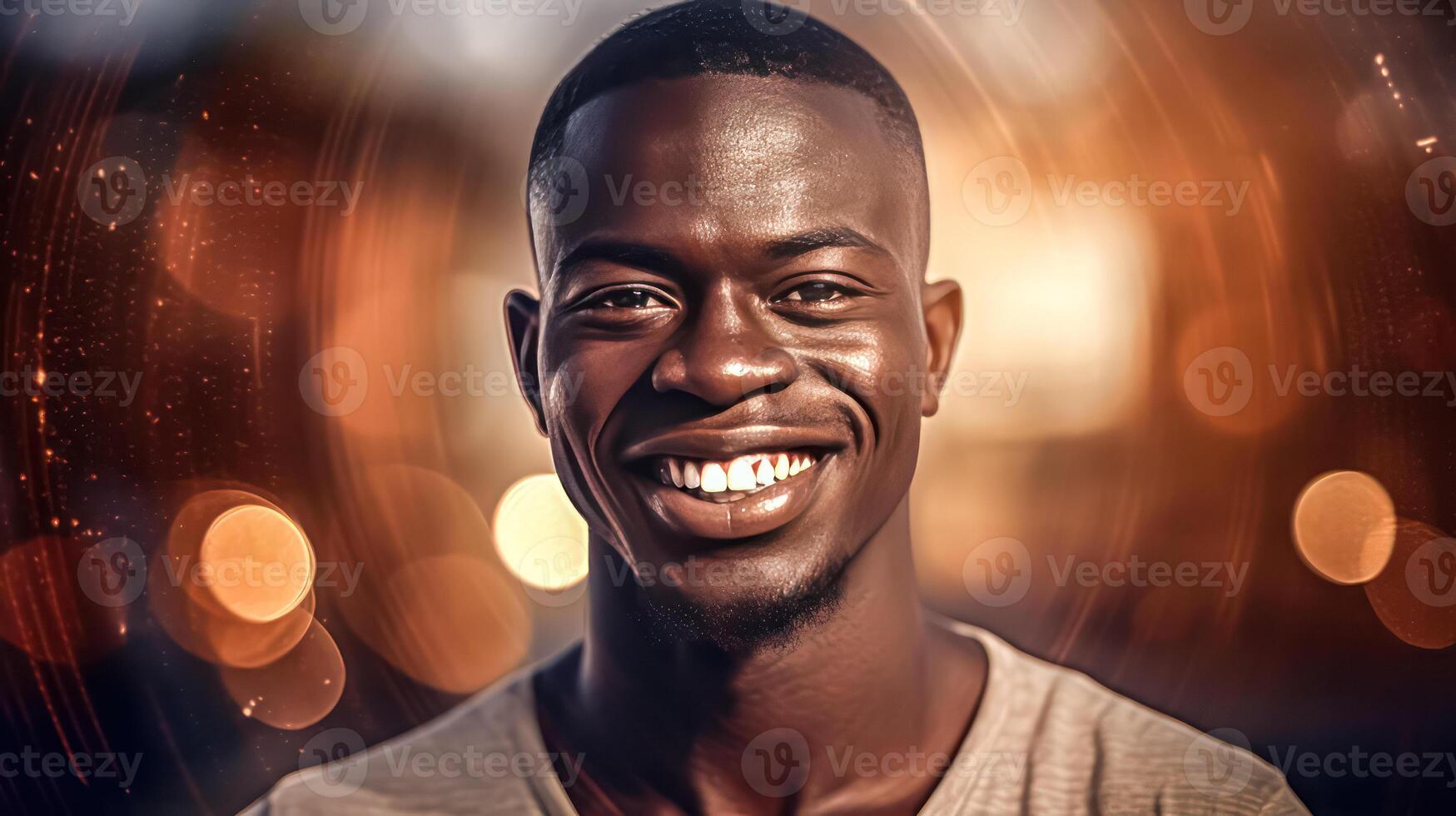 a young African man beams with a smile against a warm brown background. photo